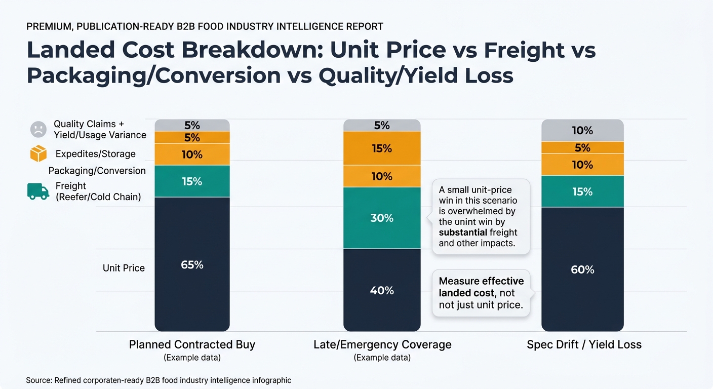 A stacked bar chart comparing three procurement scenarios—Planned Contracted Buy, Late/Emergency Coverage, and Spec Drift / Yield Loss—with components for Unit Price, Freight (Reefer/Cold Chain), Packaging/Conversion, Expedites/Storage, and Quality Claims plus Yield/Usage Variance, using illustrative example percentages and noting to measure effective landed cost, not just unit price.