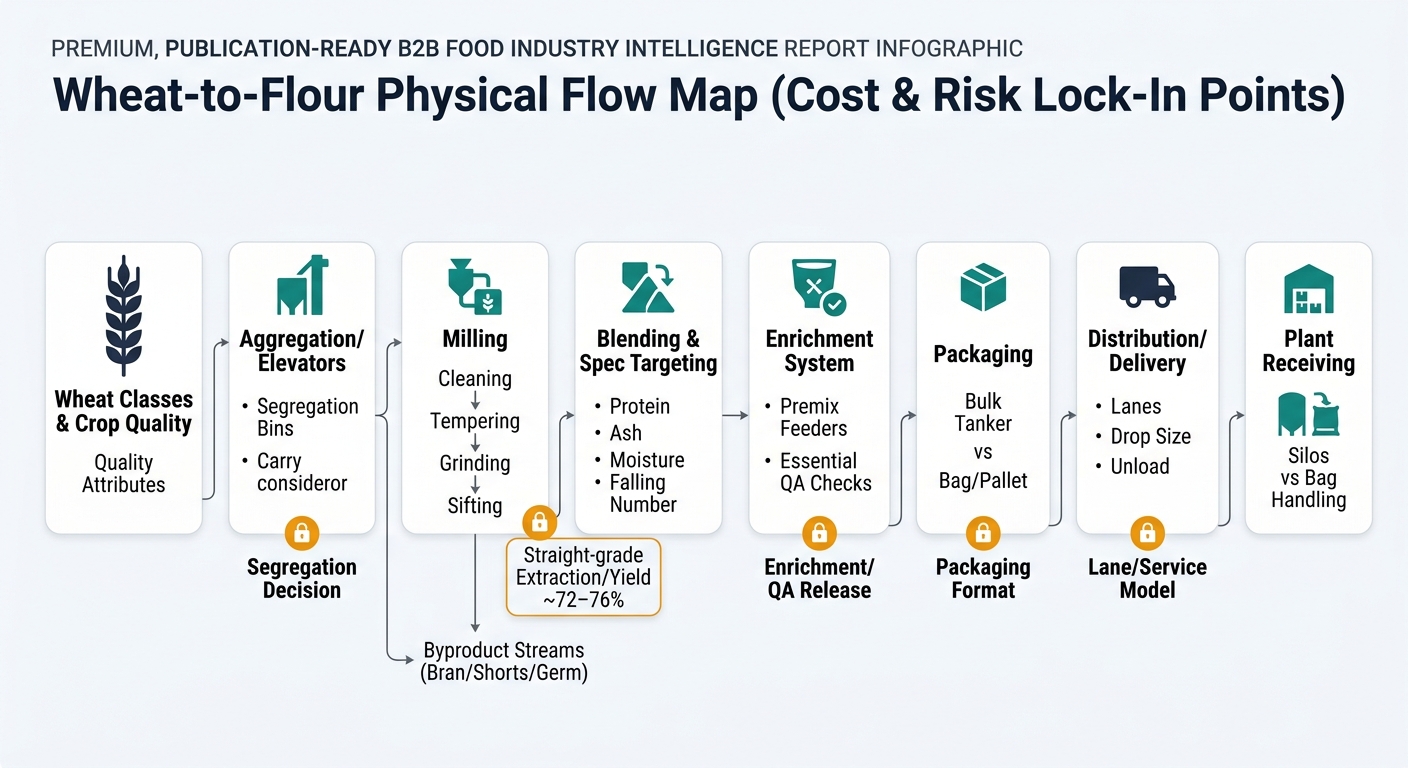 A left-to-right process map showing the physical chain: Wheat Classes & Crop Quality → Aggregation/Elevators (segregation bins, carry) → Milling (cleaning, tempering, grinding, sifting) with an explicit extraction/yield callout (straight-grade ~72–76%) and byproduct streams (bran/shorts/germ) → Blending & Spec Targeting (protein/ash/moisture/Falling Number) → Enrichment System (premix feeders + QA checks) → Packaging (bulk tanker vs bag/pallet) → Distribution/Delivery (lane, drop size, unload method) → Plant Receiving (silos vs bag handling). Add small lock-in icons at nodes where decisions become costly to reverse: segregation, extraction target, enrichment/QA release, packaging format, and lane/service model.