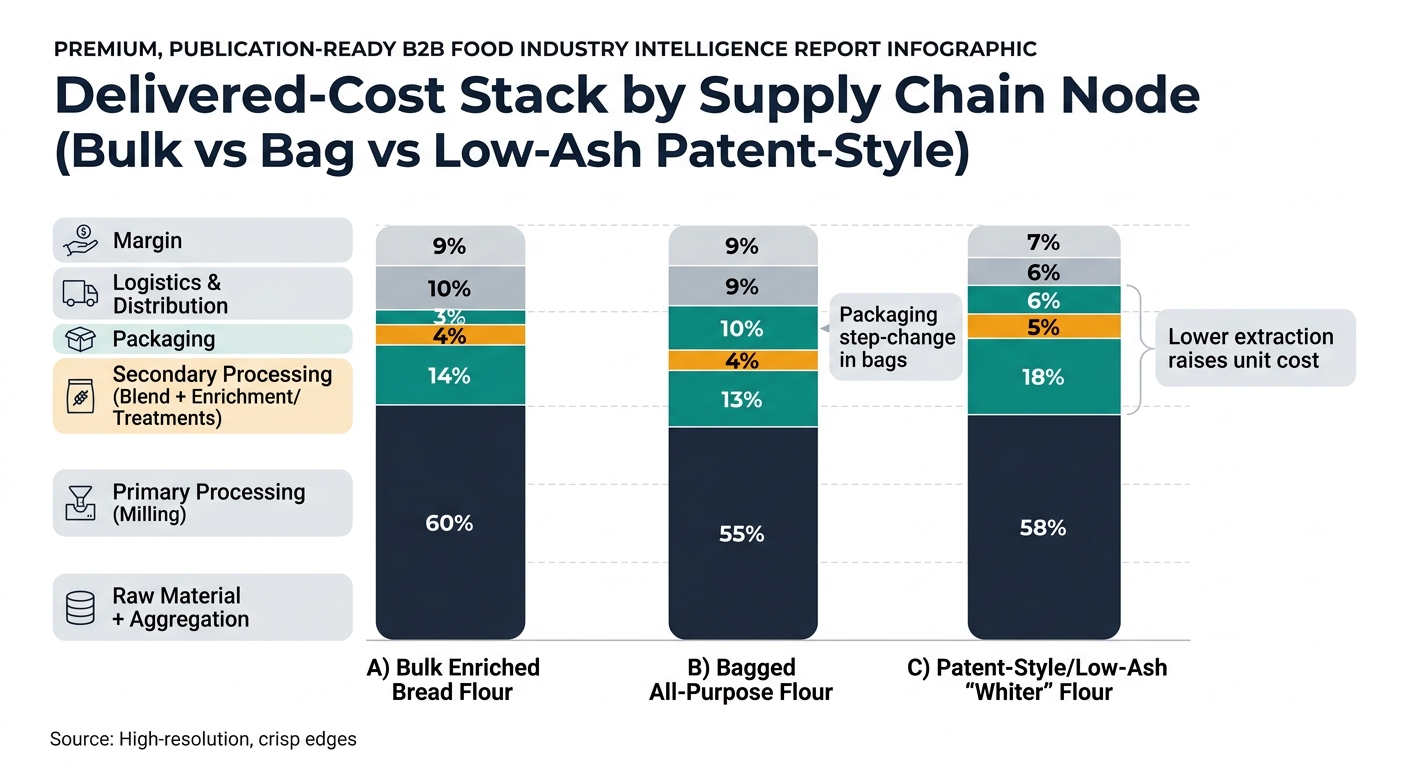 Three stacked bars (one per product form): A) Bulk Enriched Bread Flour, B) Bagged All-Purpose Flour, C) Patent-Style/Low-Ash “Whiter” Flour. Each bar segmented by the same node categories used in the tables: Raw Material + Aggregation, Primary Processing (Milling), Secondary Processing (Blend + Enrichment/Treatments), Packaging & QA Release, Logistics & Distribution, Margin. Uses the article’s illustrative ratios (A: 60/14/4/3/10/9; B: 55/13/4/10/9/9; C: 58/18/5/6/6/7) with callouts “Packaging step-change in bags” (B) and “Lower extraction raises unit cost” (C).