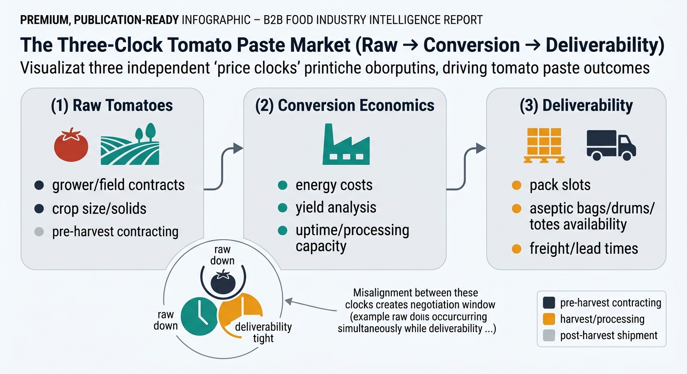 A left-to-right flow diagram separating the three independent price clocks that drive tomato paste outcomes: Raw Tomatoes (grower/field contracts, crop size/solids), Conversion Economics (energy, yield, uptime/processing capacity), and Deliverability (pack slots, aseptic bags/drums/totes availability, freight/lead times), with a callout showing how misalignment creates negotiation windows and a small legend on typical timing.