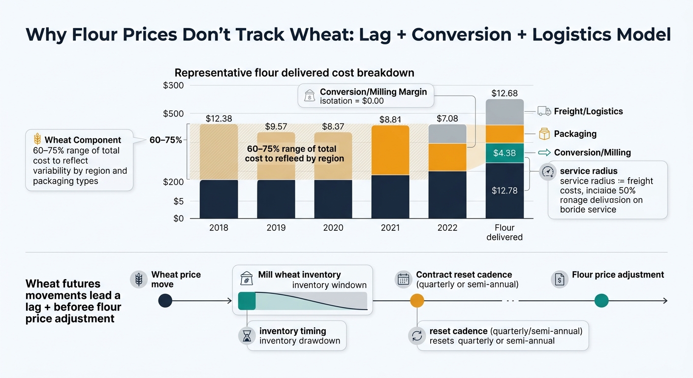 Two-part visual showing a representative delivered flour cost breakdown (wheat component shown as a 60–75% range band plus conversion/milling margin, packaging, and freight/logistics) and a timeline illustrating how wheat futures move first while mill inventory and contract reset cadence create a lag before flour price adjustment; includes callouts for inventory timing, reset cadence (quarterly/semi-annual), and service radius.