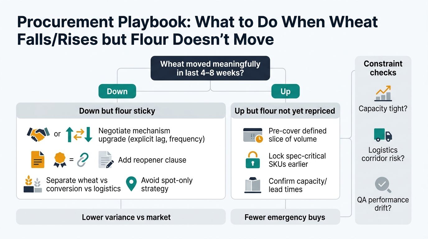 Decision-tree flowchart for procurement actions when wheat moves meaningfully in the last 4–8 weeks: branches for Down vs Up, with actions for 'Down but flour sticky' (mechanism upgrade with explicit lag/frequency, add reopener clause, separate wheat vs conversion vs logistics, avoid spot-only strategy) and 'Up but flour not yet repriced' (pre-cover a defined slice of volume, lock spec-critical SKUs earlier, confirm capacity/lead times); includes constraint checks for capacity tightness, logistics corridor risk, and QA performance drift; end outcomes are lower variance vs market and fewer emergency buys.