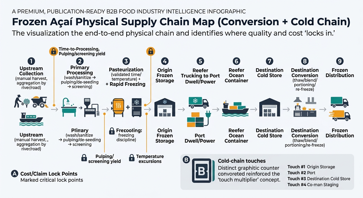 A left-to-right process map showing the end-to-end physical chain for frozen açaí and where quality/cost locks in, including nodes from upstream collection through processing, pasteurization and rapid freezing, origin storage, reefer trucking and port dwell, ocean container, destination cold store, destination conversion, and frozen distribution, with callouts for cost/claim lock points and a cold-chain touches counter.