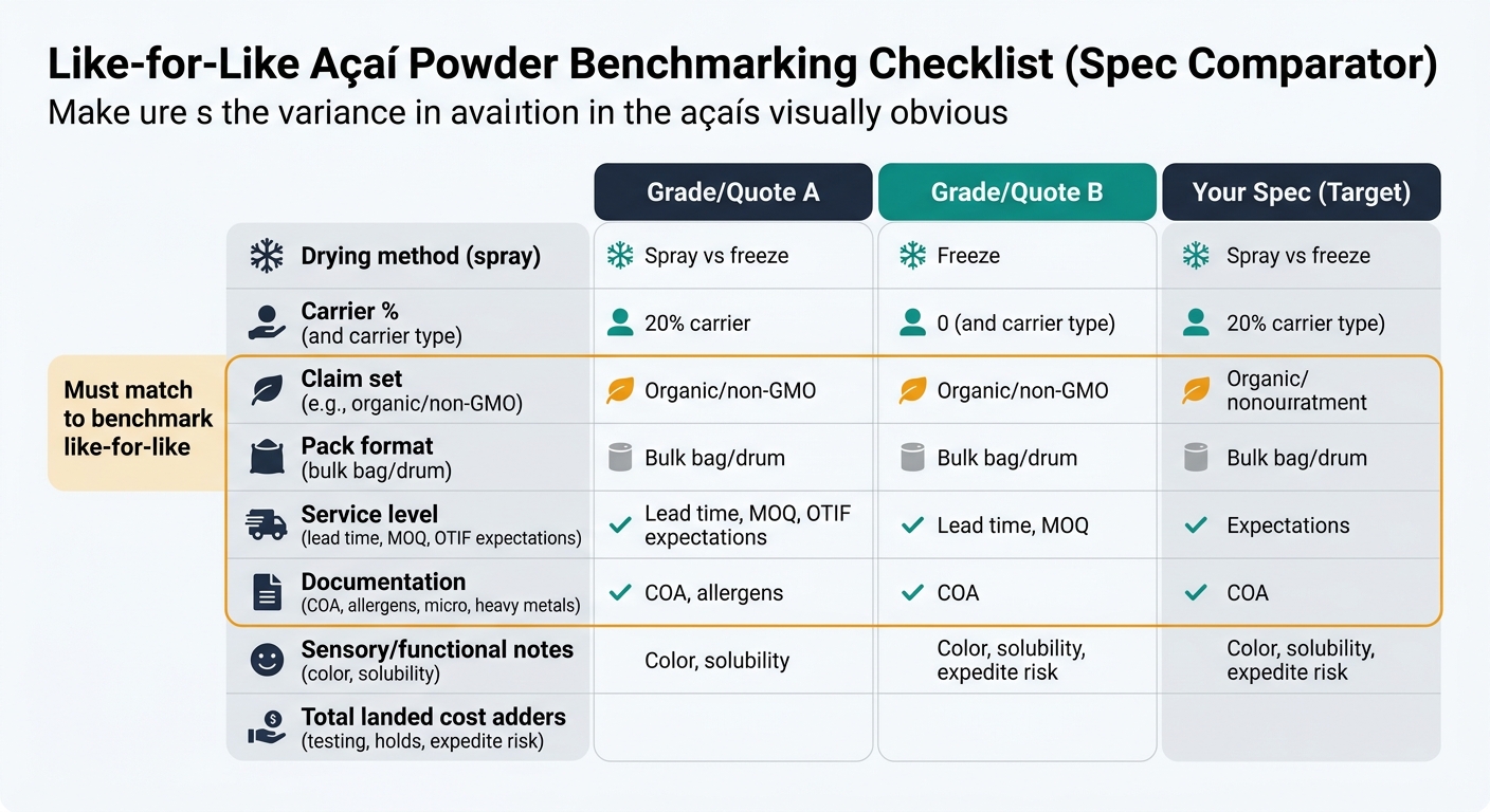 Matrix-style procurement worksheet comparing Grade/Quote A, Grade/Quote B, and Your Spec across rows including drying method (spray vs freeze), carrier percent and type, claim set (e.g., organic/non-GMO), pack format, service level (lead time, MOQ, OTIF), documentation (COA, allergens, micro, heavy metals), sensory/functional notes (color, solubility), and total landed cost adders (testing, holds, expedite risk), with a highlighted group labeled must match to benchmark like-for-like.
