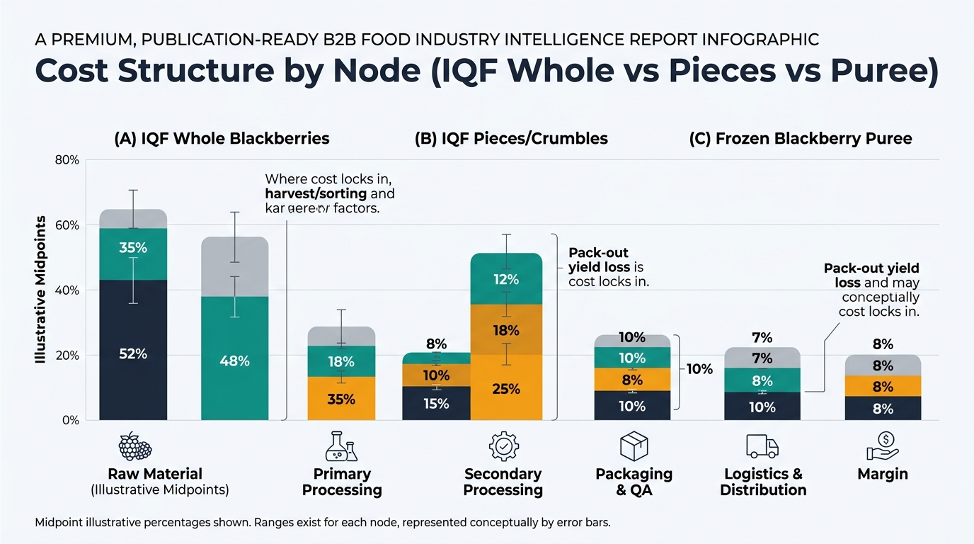 A stacked bar chart with three bars representing: (A) IQF Whole Blackberries, (B) IQF Pieces/Crumbles, (C) Frozen Blackberry Puree. Each bar is segmented by the same cost nodes: Raw Material, Primary Processing, Secondary Processing, Packaging & QA, Logistics & Distribution, Margin. Use the article’s illustrative percentage ranges by selecting a midpoint for visualization (and optionally add thin whiskers or a note indicating ranges). Ensure labels emphasize “where cost locks in” (harvest/sorting and pack-out yield loss) and keep the design data-forward for procurement scanning.
