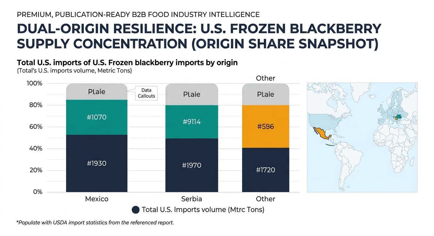 A data-driven origin concentration visual showing relative share of U.S. frozen blackberry imports by origin (e.g., Mexico, Serbia, Other). If exact shares are not published in the article body, present as a 'share-of-imports example layout' with placeholders to be filled by the team using the cited USDA import release; include a footnote: 'Populate with USDA import statistics from the referenced report.' Add a small map inset with highlighted origins (Mexico and Serbia/Europe) to reinforce the diversification point without depicting any product UI or intelligence dashboard.