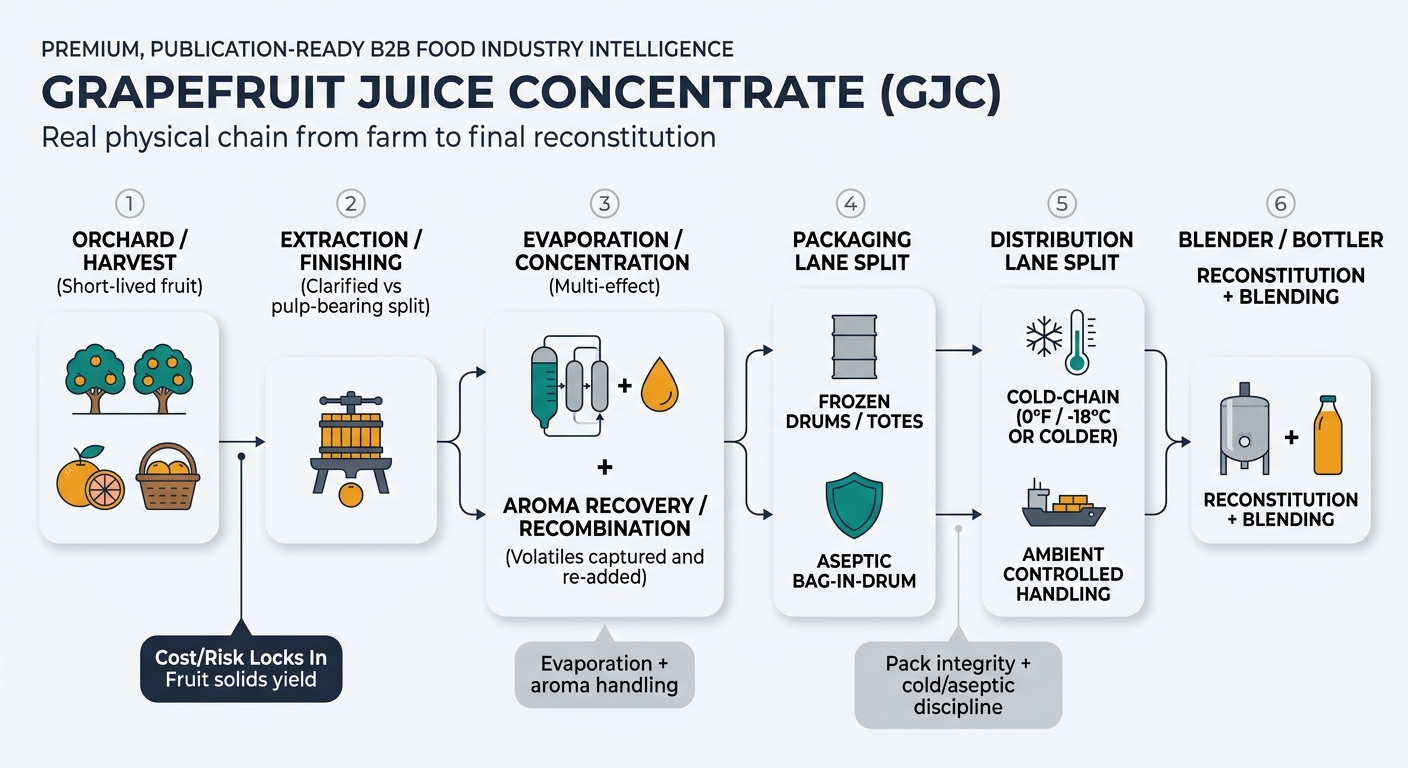 A left-to-right process flow showing the physical chain of grapefruit juice concentrate from orchard/harvest through extraction/finishing, evaporation/concentration with aroma recovery, packaging split (frozen drums/totes vs aseptic bag-in-drum), distribution split (cold-chain at 0°F / -18°C or colder vs ambient controlled handling), and blender/bottler reconstitution, with callouts for the three procurement choke points where cost and risk lock in: fruit solids yield, evaporation and aroma handling, and pack integrity with cold/aseptic discipline.