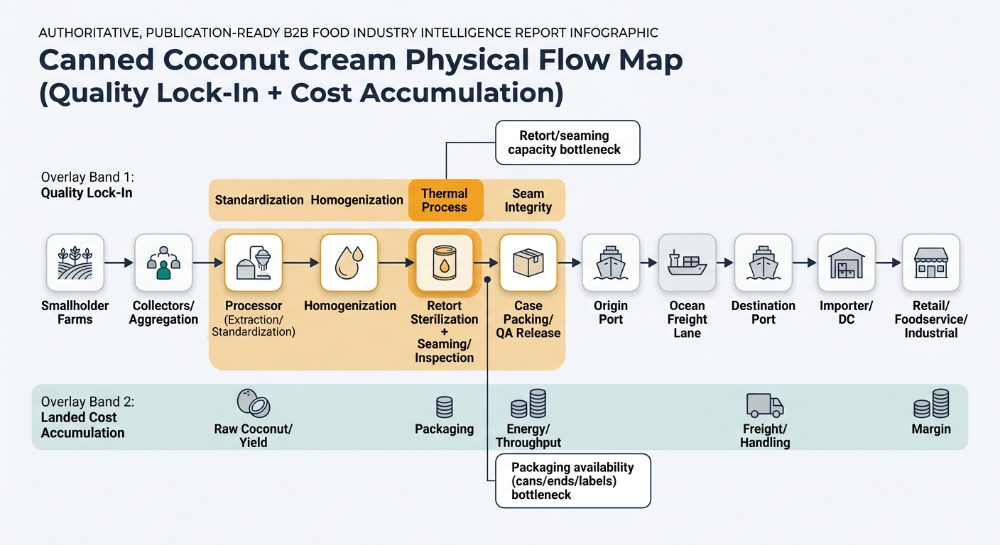 Left-to-right flowchart mapping canned coconut cream from smallholder farms through aggregation, processing (extraction/standardization, homogenization), retort sterilization and seaming/inspection, QA release, origin port, ocean freight, destination port, importer/DC, and end users; includes overlay bands highlighting where quality locks in and where landed cost accumulates, plus callouts for retort/seaming capacity and packaging availability bottlenecks.