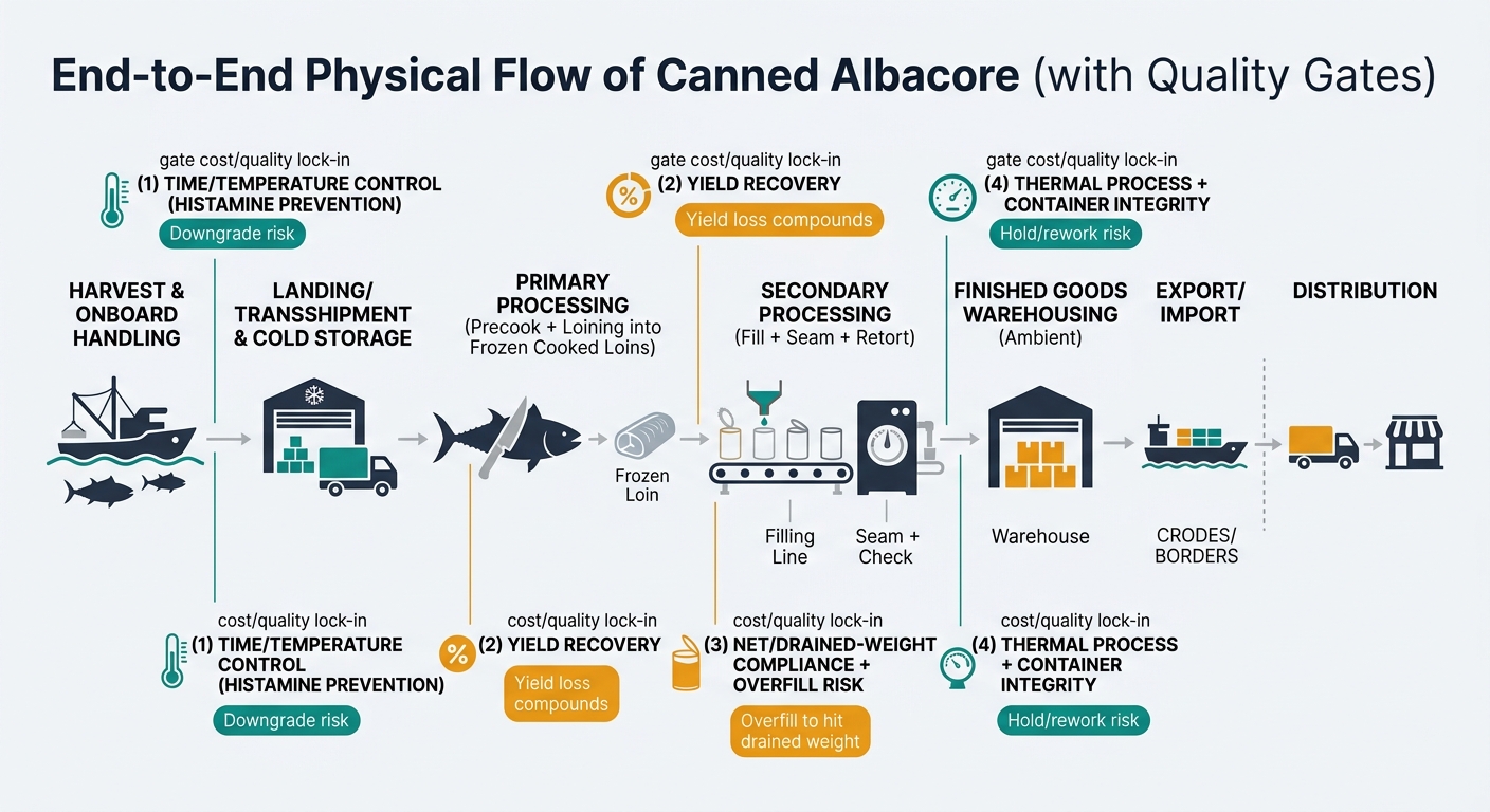 A left-to-right supply chain flow showing: Harvest & onboard handling → Landing/transshipment & cold storage → Primary processing (precook + loining into frozen cooked loins) → Secondary processing (fill + seam + retort) → Finished goods warehousing (ambient) → Export/import → Distribution, with labeled cost/quality lock-in gates for time/temperature control (histamine prevention), yield recovery at precook/loining, net/drained-weight compliance and overfill risk at filling, and thermal process plus container integrity (retort/seam checks) before release. Includes simple icons and callouts like downgrade risk, yield loss compounds, overfill to hit drained weight, and hold/rework risk.