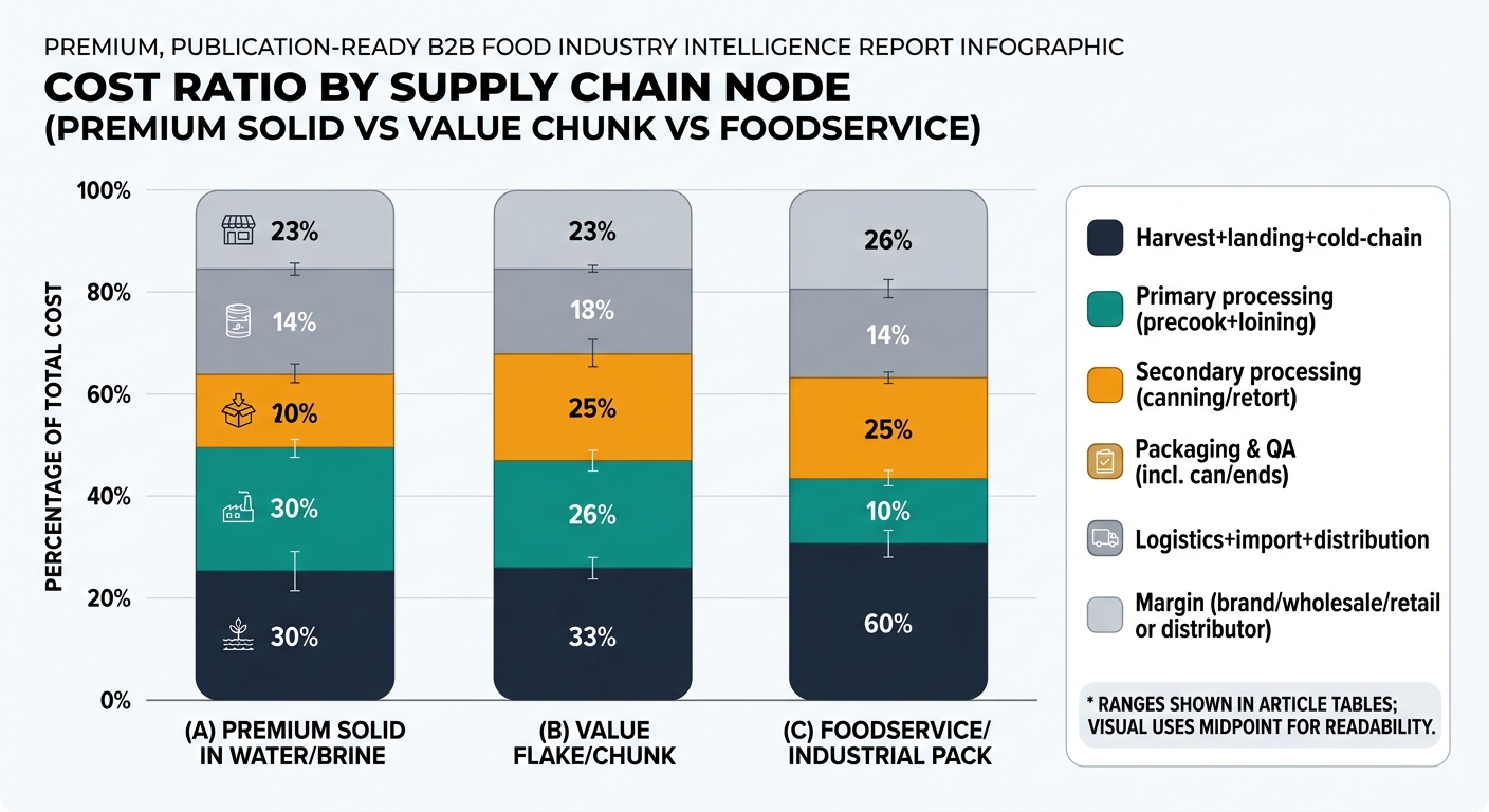 A stacked bar chart with three bars labeled: (A) Premium Solid in Water/Brine, (B) Value Flake/Chunk, (C) Foodservice/Industrial Pack. Each bar is segmented by: Harvest+landing+cold-chain; Primary processing (precook+loining); Secondary processing (canning/retort); Packaging & QA (incl. can/ends); Logistics+import+distribution; and Margin (brand/wholesale/retail or distributor). Segment sizes use the midpoint of the cost ratio ranges shown in the article tables, with an optional note that ranges are shown in the tables and the visual uses midpoints for readability.
