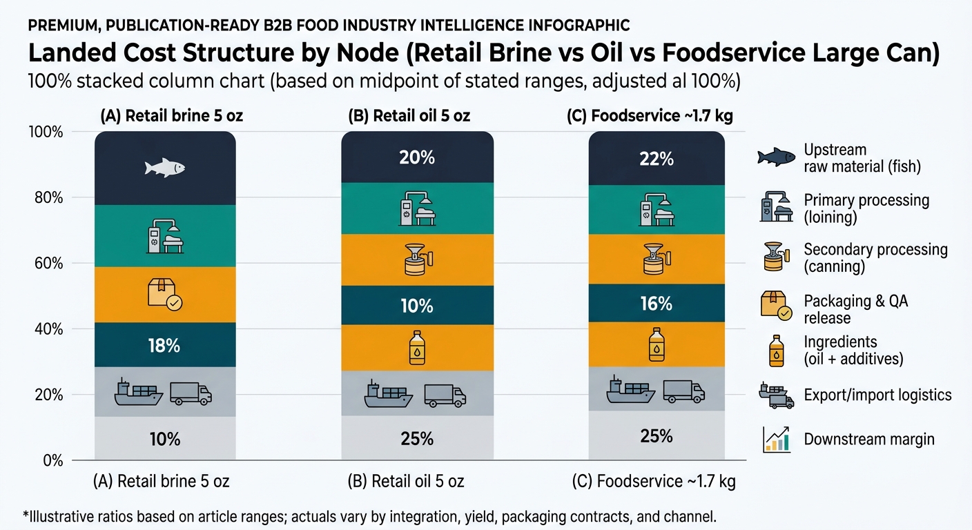 A 100% stacked chart with three bars representing: (A) Retail brine 5 oz, (B) Retail oil 5 oz, (C) Foodservice ~1.7 kg. Each bar segmented by the same nodes: Upstream raw material (fish), Primary processing (loining), Secondary processing (canning), Packaging & QA release, Ingredients (oil + additives; only for oil SKU), Export/import logistics, Downstream margin. Use the midpoint of each stated range for segment sizes (e.g., brine fish 47.5%, loining 11.5%, canning 14%, packaging 16%, logistics 8.5%, margin 14%—adjust proportionally so each bar totals 100%). Include a footnote: 'Illustrative ratios based on article ranges; actuals vary by integration, yield, packaging contracts, and channel.'