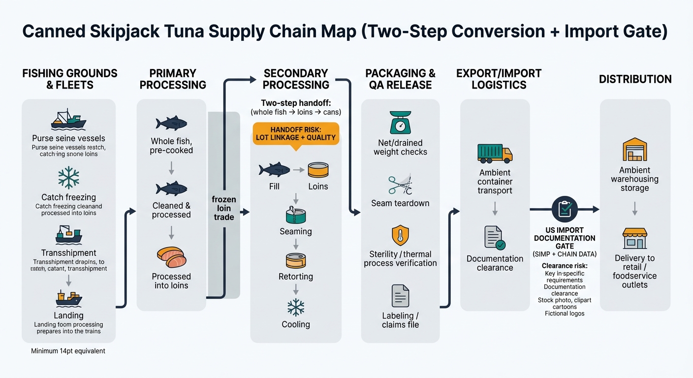 A left-to-right supply chain flow diagram showing: (1) Fishing grounds & fleets (purse seine; catch/freezing/transshipment/landing), (2) Primary processing (pre-cook, clean, loin; frozen loin trade), (3) Secondary processing (fill, seam, retort, cool), (4) Packaging & QA release (net/drained weight checks, seam teardown, sterility/thermal process verification, labeling/claims file), (5) Export/import logistics (ambient container + documentation clearance), (6) Distribution (ambient warehousing to retail/foodservice). Visually emphasize the two-step handoff (whole fish → loins → cans) with a bold connector and a callout for 'handoff risk: lot linkage + quality'. Add a distinct 'US Import Documentation Gate (SIMP + chain data)' checkpoint icon between Export/Import and Distribution to reinforce clearance risk without showing any dashboard UI.
