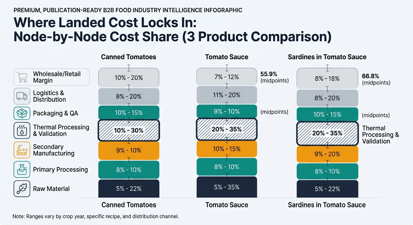 A grouped stacked bar chart with three bars (Canned Tomatoes, Tomato Sauce, Sardines in Tomato Sauce). Each bar is segmented by the same standardized nodes: Raw Material, Primary Processing, Secondary Manufacturing, Thermal Processing & Validation, Packaging & QA, Logistics & Distribution, Wholesale/Retail Margin. Use the article’s percentage ranges by plotting midpoints (or show ranges with thin error lines). Add a visual emphasis (outline or hatch) on the segments that are structural constraints: Thermal Processing & Validation and Packaging & QA; optionally add a small note that ranges vary by crop year/recipe/channel. No dashboards; purely data visualization.