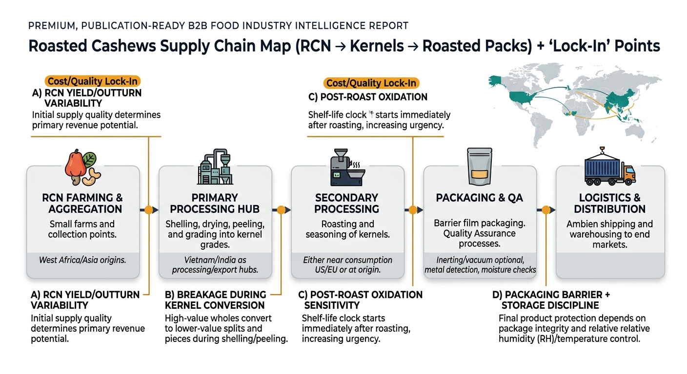 Left-to-right flowchart with simplified world map inset showing roasted cashews supply chain from RCN farming and aggregation (West Africa/Asia) to primary processing hubs (Vietnam/India) to roasting/seasoning (US/EU or origin) to packaging & QA and logistics, with callouts marking cost/quality lock-in points: yield/outturn variability, breakage during kernel conversion, post-roast oxidation sensitivity, and packaging barrier plus storage humidity/temperature discipline.