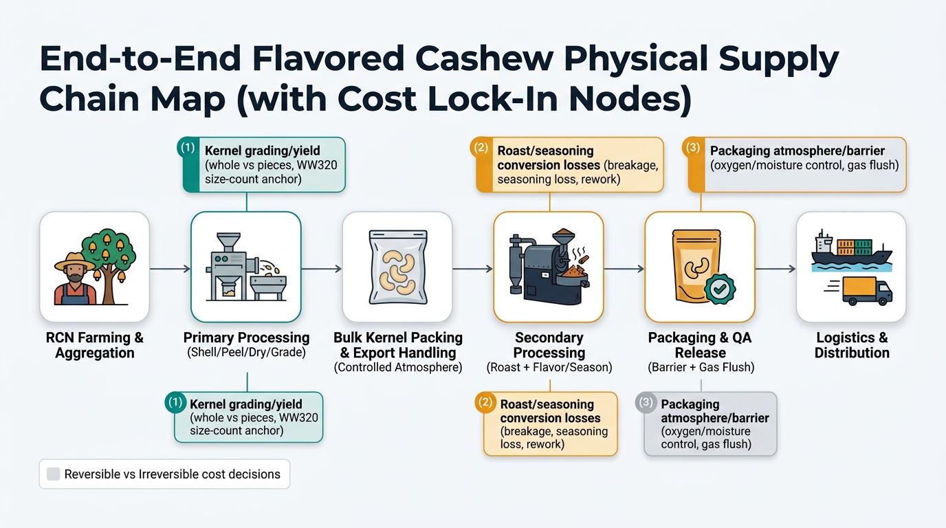 A process map showing the physical flow from RCN farming and aggregation through primary processing, controlled-atmosphere bulk packing/export handling, secondary roasting and flavoring, packaging and QA release with barrier and gas flush, and logistics and distribution, with highlighted cost lock-in points for kernel grading/yield, roast/seasoning conversion losses, and packaging atmosphere/barrier; includes node icons and a legend for reversible vs irreversible cost decisions.