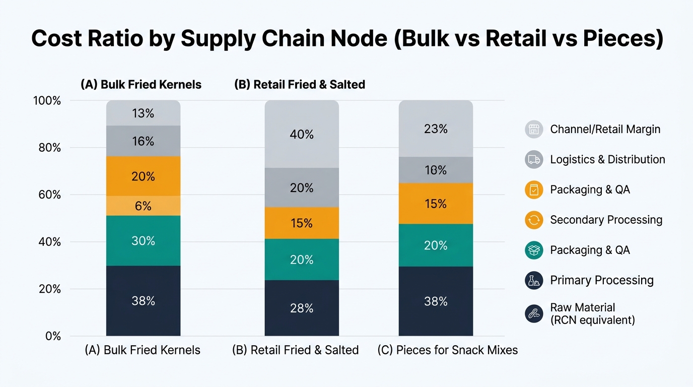 Comparative stacked bar chart with three bars for (A) Bulk Fried Kernels, (B) Retail Fried & Salted, and (C) Pieces for Snack Mixes, segmented by Raw Material (RCN equivalent), Primary Processing, Secondary Processing, Packaging & QA, Logistics & Distribution, and Channel/Retail Margin using the article’s exact percentages, with a legend and a note that retail packaging plus margin dominate shelf price while upstream yield still drives kernel economics.