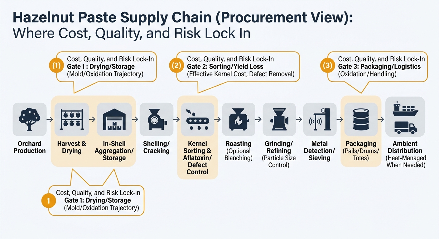 A left-to-right flow diagram mapping the physical product journey from orchard production through harvest and drying, aggregation/storage, shelling/cracking, kernel sorting and aflatoxin/defect control, roasting (optional blanching), grinding/refining with particle size control, metal detection/sieving, packaging (pails/drums/totes), and ambient distribution; highlights upstream lock-in gates at drying/storage, sorting/yield loss, and packaging/logistics with simple icons and callouts.