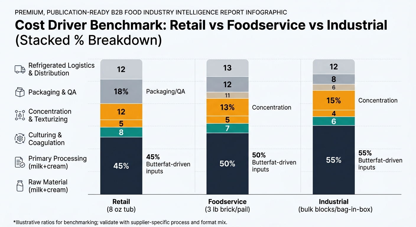 A stacked bar chart with three bars labeled: Retail (8 oz tub), Foodservice (3 lb brick/pail), Industrial (bulk blocks/bag-in-box). Each bar is segmented by the same six cost buckets with consistent colors: Raw Material (milk+cream), Primary Processing, Culturing & Coagulation, Concentration & Texturizing, Packaging & QA, Refrigerated Logistics & Distribution. Uses the article’s percentages for each segment (Retail: 45/8/5/12/18/12; Foodservice: 50/7/5/13/12/13; Industrial: 55/6/4/15/8/12). Adds short labels on the two largest segments per bar and includes a footnote line: 'Illustrative ratios for benchmarking; validate with supplier-specific process and format mix.'