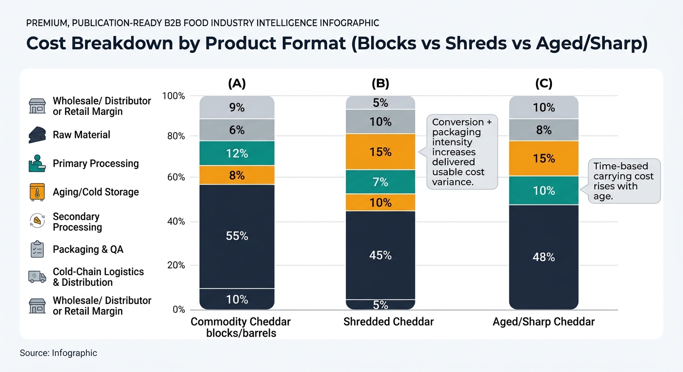 A three-column stacked bar chart comparing cost ratios for: (A) Commodity Cheddar blocks/barrels, (B) Shredded Cheddar, (C) Aged/Sharp Cheddar. Each bar segmented and color-coded by the same nodes: Raw Material, Primary Processing, Aging/Cold Storage, Secondary Processing (include only for shreds; show as 0% or omitted for others), Packaging & QA, Cold-Chain Logistics & Distribution, Wholesale/Distributor or Retail Margin. Uses the exact illustrative percentages from the tables: A) 55/12/8/0/6/9/10; B) 45/10/7/15/10/8/5; C) 48/10/15/0/8/9/10. Includes a small annotation callout on the Shreds bar: “Conversion + packaging intensity increases delivered usable cost variance.” Includes a small annotation callout on Aged/Sharp: “Time-based carrying cost rises with age.”