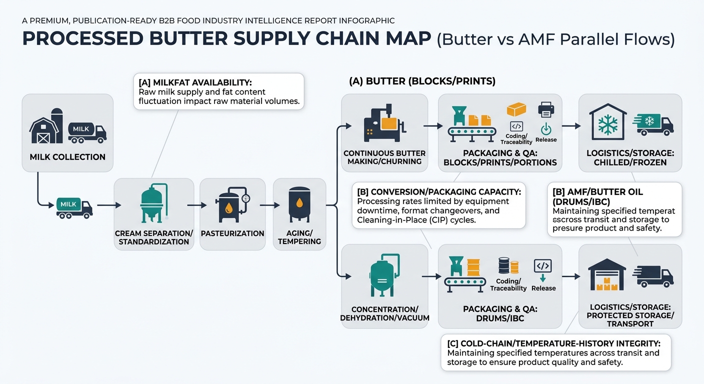 Node-by-node supply chain flowchart with two parallel lanes: (A) Butter (blocks/prints) and (B) AMF/Butter Oil (drums/IBC), showing upstream milk collection through cream separation/standardization, pasteurization and aging/tempering, secondary processing split (butter making/churning vs concentration/dehydration/vacuum for AMF), packaging & QA, and logistics/storage (chilled/frozen for butter; protected storage/transport for AMF), with callouts for constraints: milkfat availability, conversion/packaging capacity (changeovers/CIP), and cold-chain/temperature-history integrity.