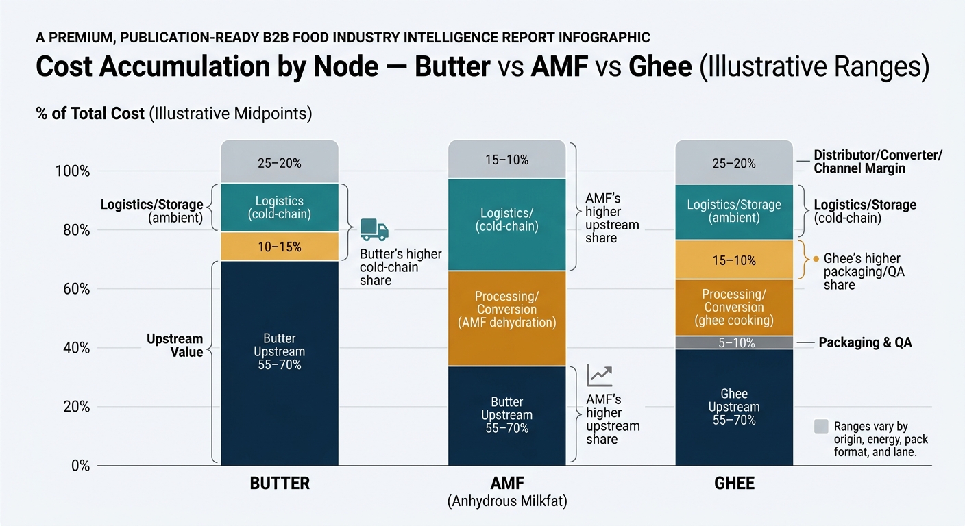 A single comparative visualization with three stacked bars (Butter, AMF, Ghee). Each bar is segmented by supply chain node using the article’s ratio ranges: Upstream Value; Processing/Conversion (butter churning vs AMF dehydration vs ghee cooking); Packaging & QA; Logistics/Storage (cold-chain vs ambient); Distributor/Converter/Channel Margin. Use midpoints of the provided ranges for the bar heights, and annotate each segment with the range (e.g., Butter Upstream 55–70%). Add a small legend explaining: “Ranges vary by origin, energy, pack format, and lane.” Optional callouts: Butter’s higher cold-chain share; Ghee’s higher packaging/QA share; AMF’s higher upstream share. Keep it strictly data-driven and procurement-scannable.