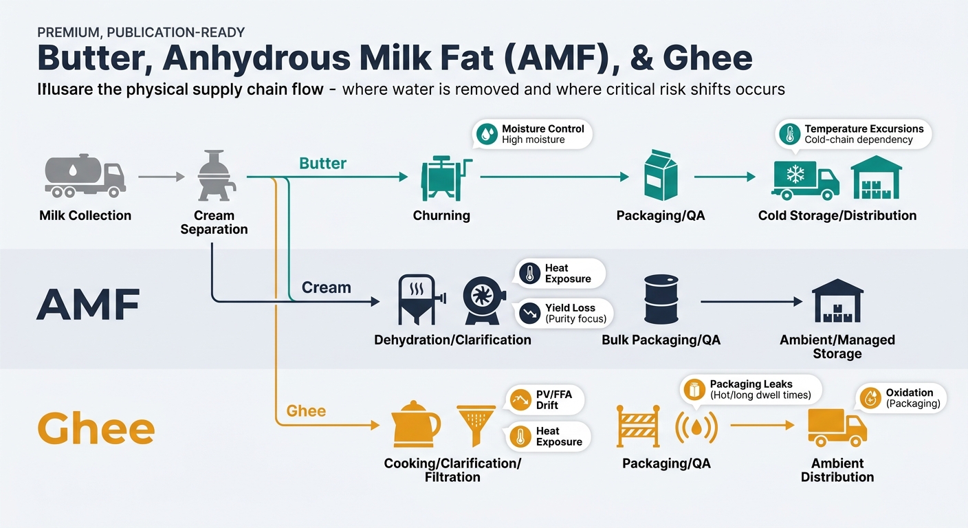 A procurement-oriented flow diagram with three parallel lanes (Butter, AMF, Ghee) starting from Milk Collection → Cream Separation. Show branch points and key transformations: (1) Butter lane: Churning → Packaging/QA → Cold Storage/Distribution (highlight moisture + cold-chain dependency). (2) AMF lane: Butter/Cream → Dehydration/Clarification (vacuum/heat + centrifuge/filtration) → Bulk Packaging/QA → Ambient/Managed Storage (highlight purity + yield loss). (3) Ghee lane: Butter/AMF input → Cooking/Clarification/Filtration → Packaging/QA (barrier/headspace) → Ambient Distribution (highlight oxidation + packaging integrity). Add callout icons at each critical risk node: Moisture control (butter), PV/FFA drift (ghee), Heat exposure (AMF/ghee), Packaging leaks (hot/long dwell lanes), Temperature excursions (butter). Keep it product-agnostic (no dashboards), using neutral industrial icons (tanker, separator, churn, evaporator/vacuum, kettle, filter, drum/carton, reefer truck, warehouse).