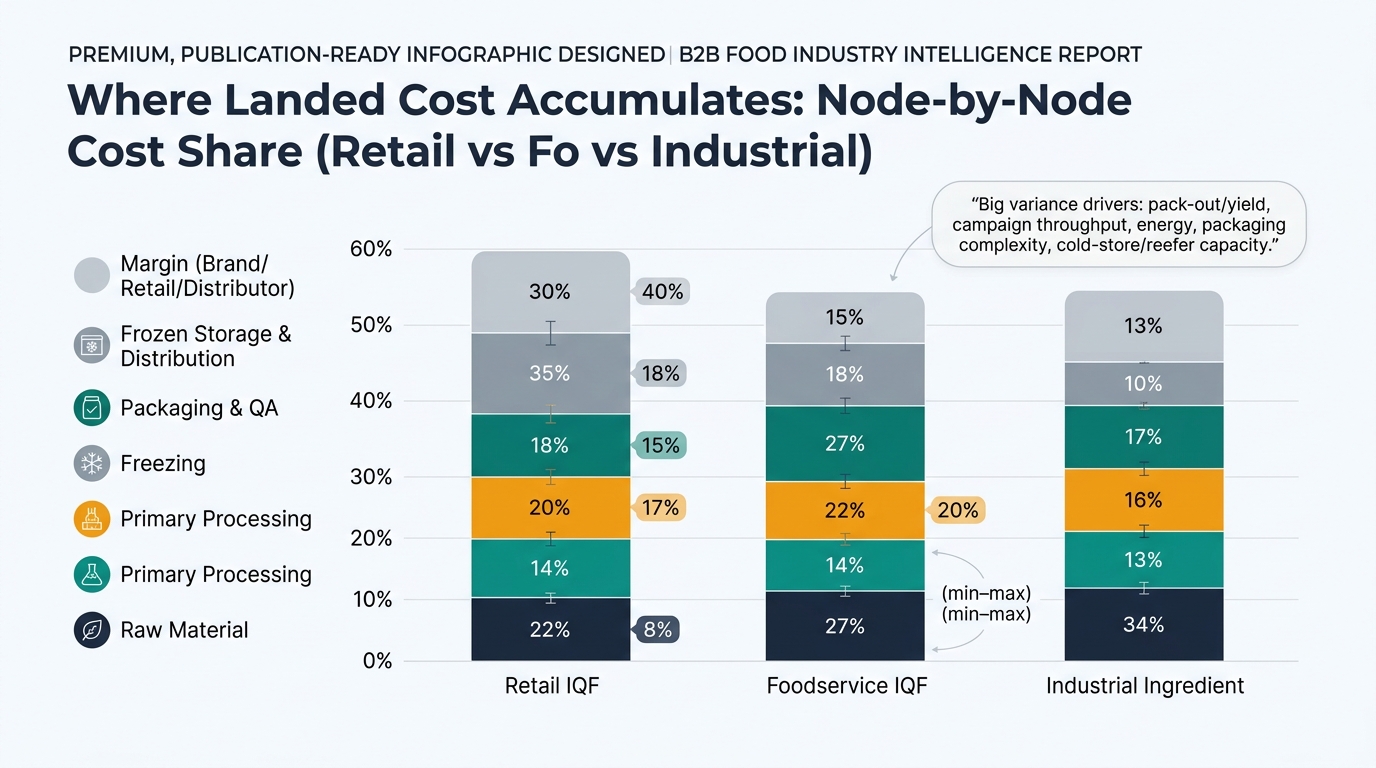 A grouped stacked bar chart comparing Retail IQF, Foodservice IQF, and Industrial Ingredient frozen peas, with each bar segmented by supply chain node (Raw Material, Primary Processing, Freezing, Packaging & QA, Frozen Storage & Distribution, and Margin) and an annotation noting key variance drivers such as pack-out/yield, campaign throughput, energy, packaging complexity, and cold-store/reefer capacity.