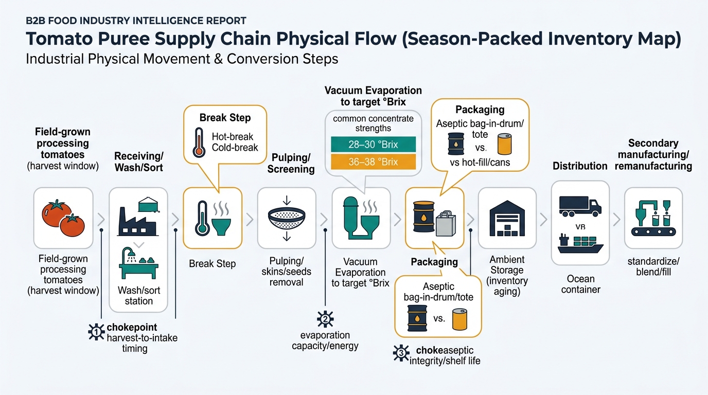 A left-to-right process flow showing the industrial/B2B physical movement and conversion steps: Field-grown processing tomatoes (harvest window) → Receiving/Wash/Sort → Break Step (Hot-break vs Cold-break callout) → Pulping/Screening (skins/seeds removal) → Vacuum Evaporation to target °Brix (callout: 28–30 and 36–38 bands as common concentrate strengths) → Packaging (Aseptic bag-in-drum/tote vs hot-fill/cans callout) → Ambient Storage (inventory aging) → Distribution (inland + ocean container) → Secondary manufacturing/remanufacturing (standardize/blend/fill). Include 3 chokepoint markers: (1) harvest-to-intake timing, (2) evaporation capacity/energy, (3) aseptic integrity/shelf life. Use simple icons and short labels; avoid any dashboard/UI elements.