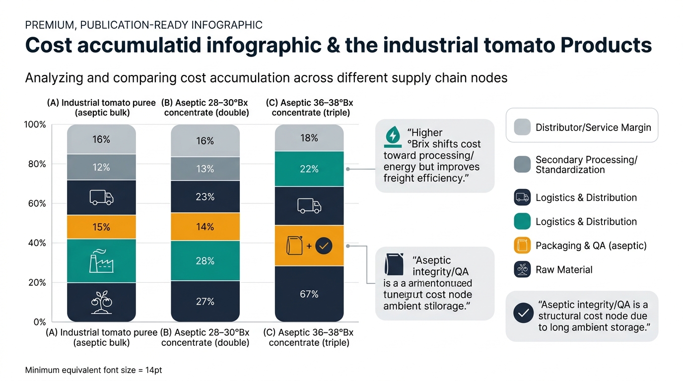 Three stacked bars comparing indicative cost ratios across the supply chain nodes for: (A) Industrial tomato puree (aseptic bulk) (B) Aseptic 28–30°Bx concentrate (double) (C) Aseptic 36–38°Bx concentrate (triple). Stacks match the node categories: Raw Material; Primary Processing (break/screen/evaporate); Packaging & QA (aseptic); Logistics & Distribution; Secondary Processing/Standardization; Distributor/Service Margin. Includes callouts: Higher °Brix shifts cost toward processing/energy but improves freight efficiency; Aseptic integrity/QA is a structural cost node due to long ambient storage. Clear labels and percentages; no dashboard styling.