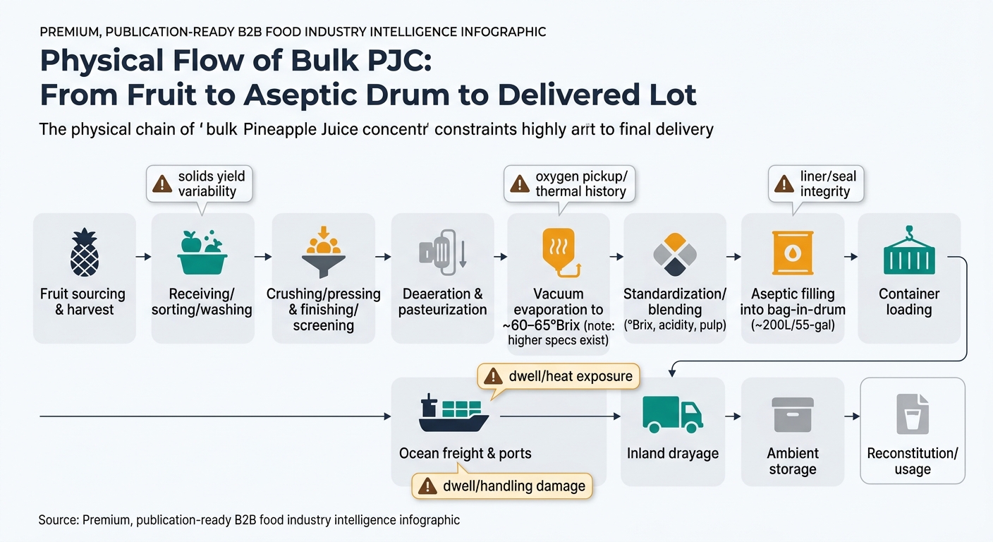 A left-to-right process flow diagram showing the physical chain for bulk pineapple juice concentrate from fruit sourcing and harvest through processing, vacuum evaporation to ~60–65°Brix, standardization, aseptic bag-in-drum filling (~200L/55-gal), container loading, ocean freight and ports with dwell/heat exposure callout, inland drayage, ambient storage, and optional reconstitution/usage, with hazard callouts for solids yield variability, oxygen pickup/thermal history, liner/seal integrity, and dwell/handling damage.