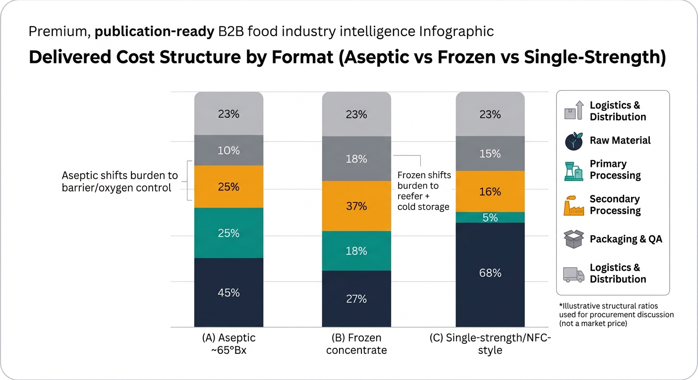 A 100% stacked bar chart comparing delivered cost structure by format: (A) Aseptic ~65°Bx, (B) Frozen concentrate, and (C) Single-strength/NFC-style; each bar segmented into Raw Material, Primary Processing, Secondary Processing, Packaging & QA, and Logistics & Distribution using the article’s percentages, with callouts noting aseptic shifts burden to barrier/oxygen control and frozen shifts burden to reefer and cold storage; includes a note that ratios are illustrative for procurement discussion.