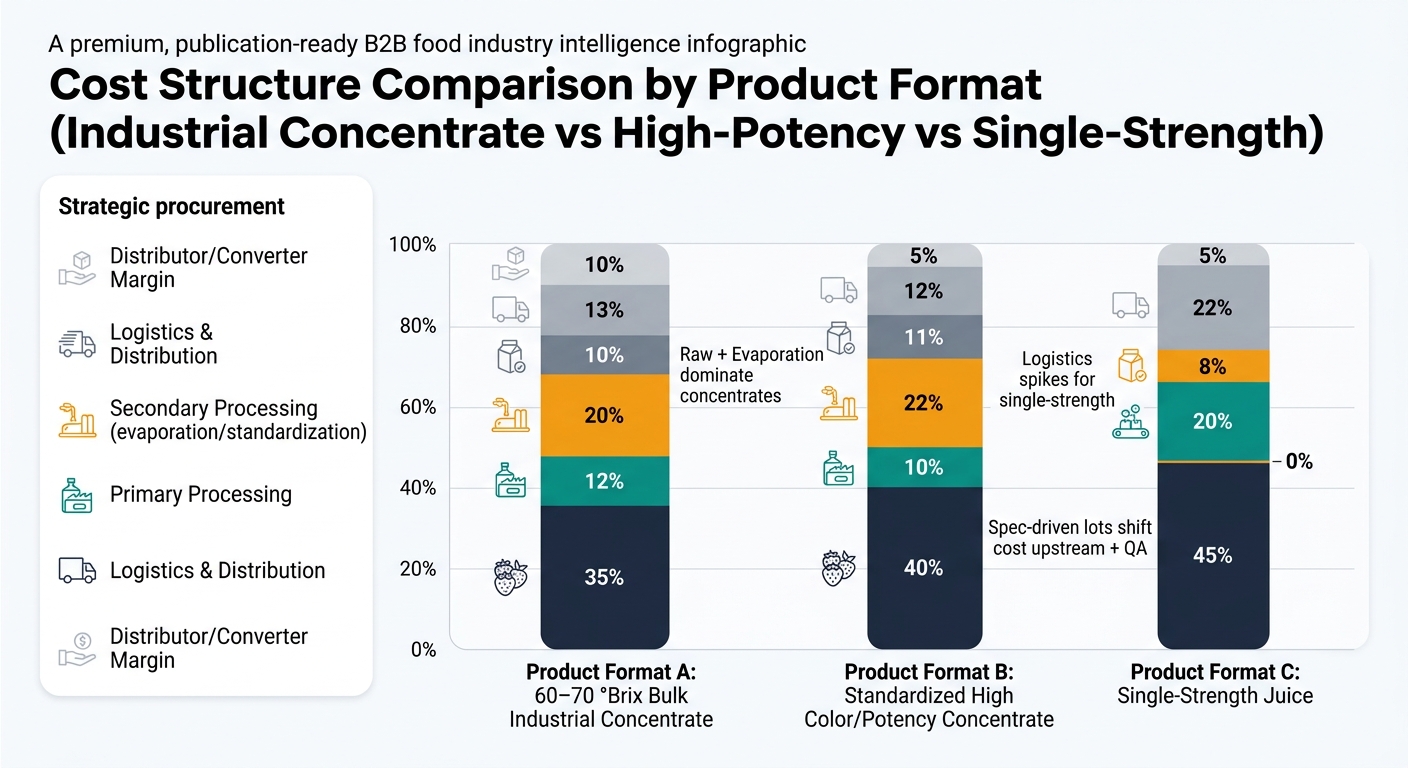 Grouped (or 100% stacked) bar chart comparing cost structure by product format: A) 60–70 °Brix bulk industrial concentrate, B) standardized high color/potency concentrate, C) single-strength juice. Each bar is segmented by Raw Material, Primary Processing, Secondary Processing, Packaging & QA Release, Logistics & Distribution, and Distributor/Converter Margin using exact table percentages (A: 35/12/20/10/13/10; B: 40/10/22/11/12/5; C: 45/20/0/8/22/5). Includes callouts: raw + evaporation dominate concentrates, logistics spikes for single-strength, and spec-driven lots shift cost upstream + QA.