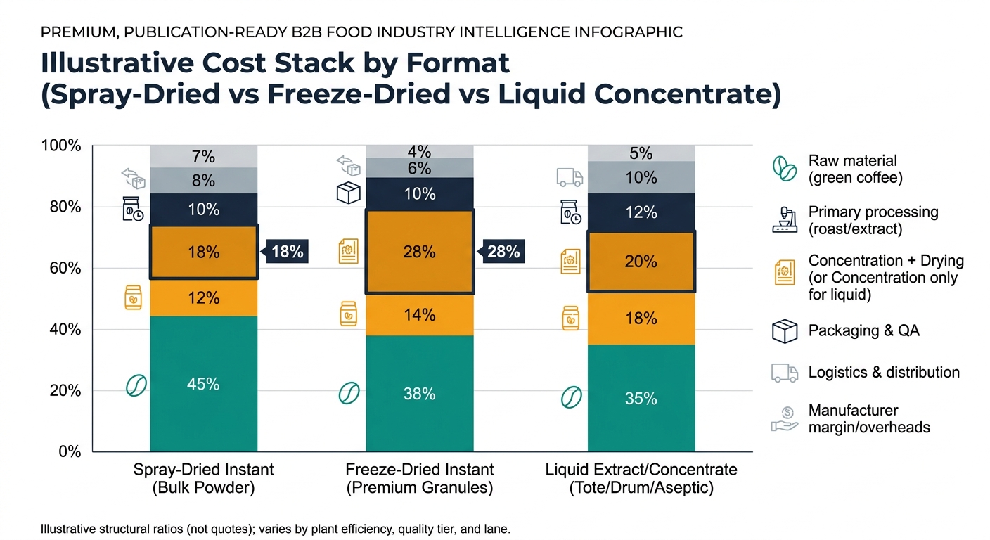 100% stacked bar chart comparing illustrative cost stacks for spray-dried instant bulk powder, freeze-dried premium granules, and liquid coffee extract/concentrate, segmented into raw material, primary processing, concentration plus drying (or concentration only), packaging and QA, logistics and distribution, and manufacturer margin/overheads, with concentration and drying emphasized and a note that ratios vary by plant efficiency, quality tier, and lane.