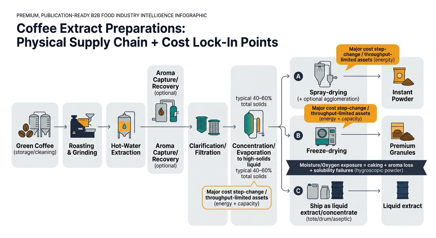 Annotated flowchart showing the coffee extract preparations process from green coffee through roasting, extraction, optional aroma capture, filtration, concentration to typical 40–60% total solids, and branching to spray-dried instant powder, freeze-dried premium granules, or shipped liquid concentrate, with callouts highlighting concentration and drying as major cost step-changes and a quality-risk ribbon noting moisture/oxygen exposure causing caking, aroma loss, and solubility failures.