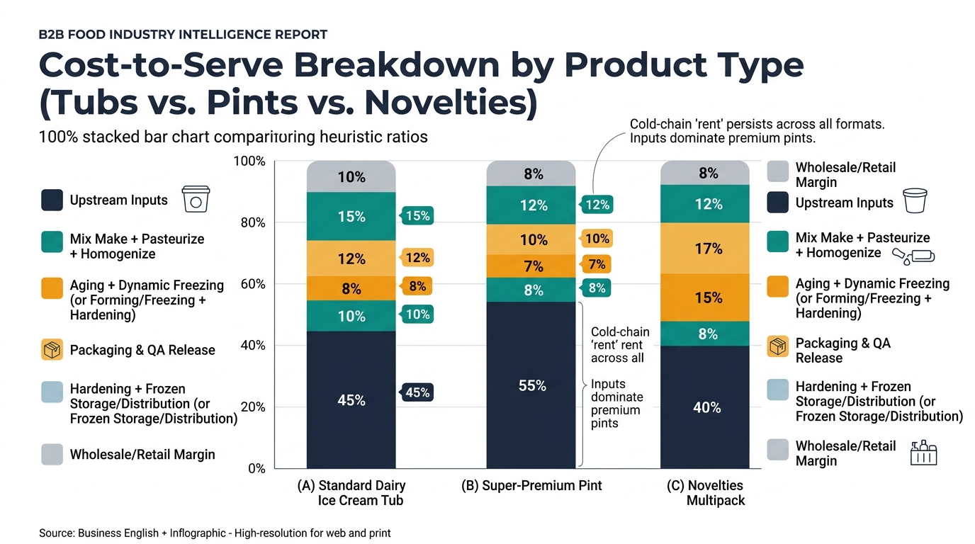 100% stacked bar chart comparing cost-to-serve structure for (A) standard dairy ice cream tub, (B) super-premium pint, and (C) novelties multipack, with segments labeled by the article’s heuristic percentages and an annotation that cold-chain rent persists across formats and inputs dominate premium pints.