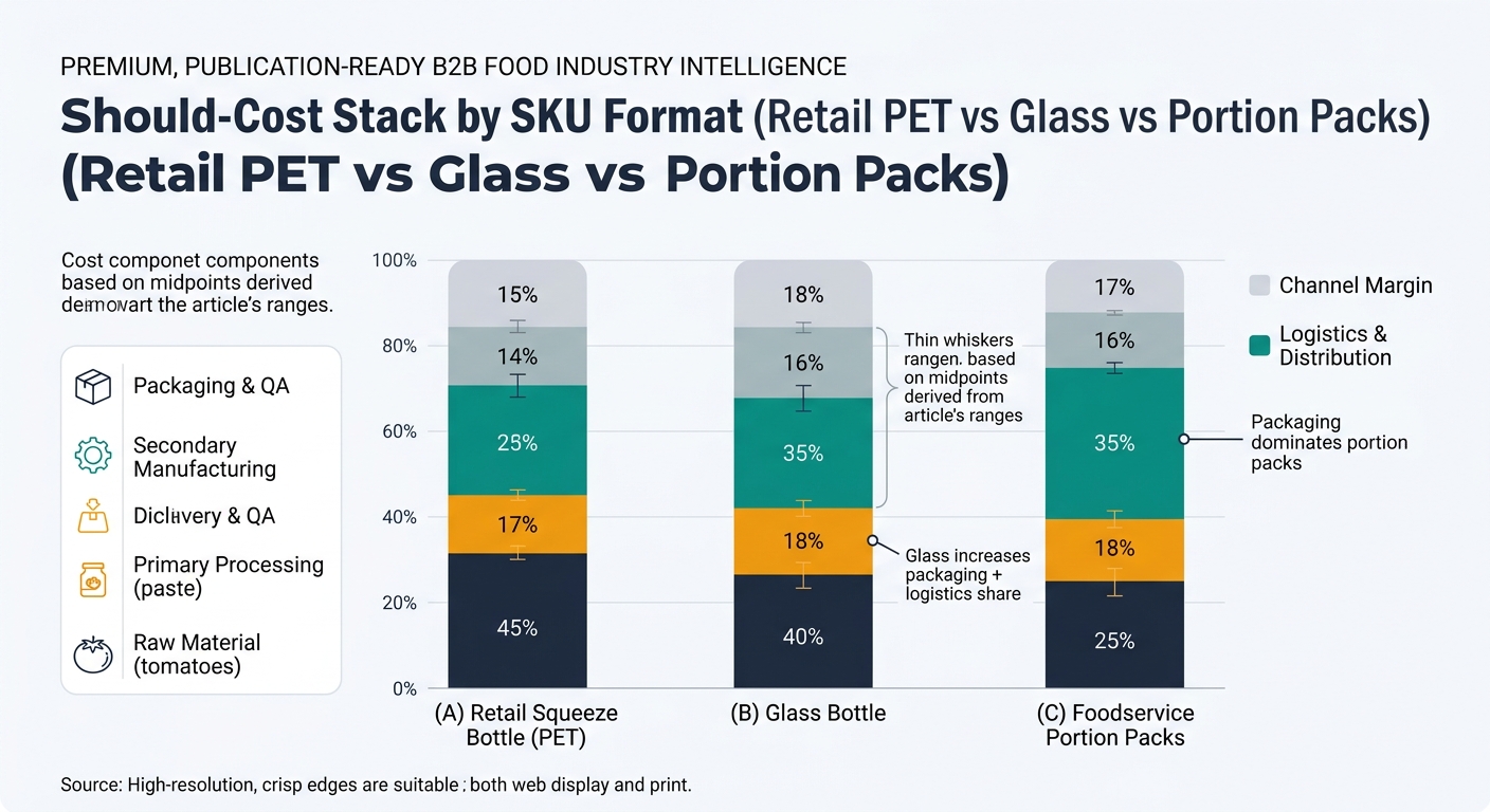 A three-column stacked bar chart comparing cost ratios across formats: (A) Retail Squeeze Bottle (PET), (B) Glass Bottle, (C) Foodservice Portion Packs. Each bar is 100% and segmented by: Raw Material (tomatoes), Primary Processing (paste), Secondary Manufacturing, Packaging & QA, Logistics & Distribution, Channel Margin. Use the article’s ranges by selecting midpoints for visualization (and optionally show thin range whiskers or a shaded band to indicate ranges). Include a legend and a short annotation pointing out 'Packaging dominates portion packs' and 'Glass increases packaging + logistics share'. Keep it data-forward; no product mockups or dashboard visuals.