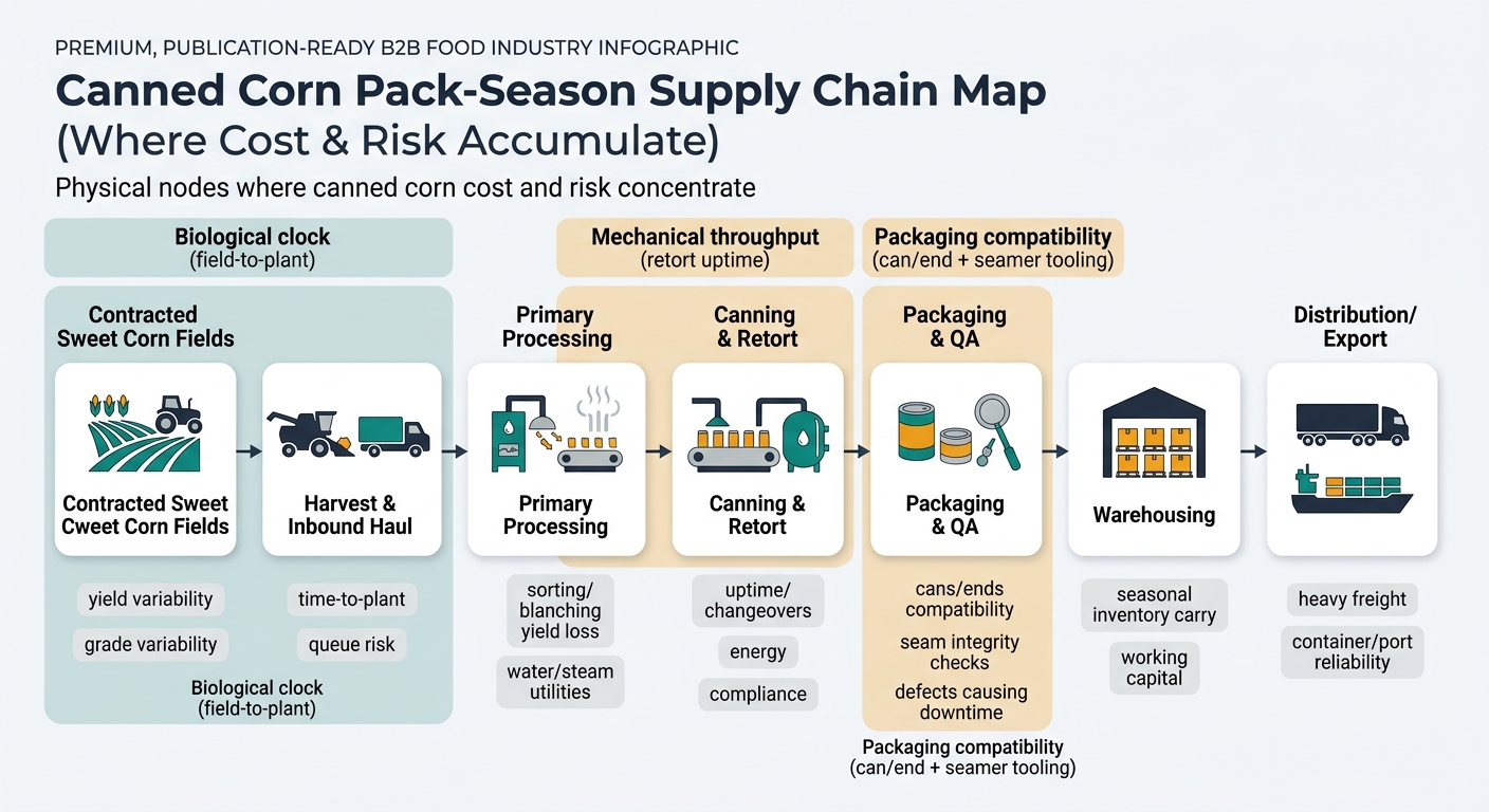 A left-to-right supply chain flow showing the physical nodes where canned corn cost and risk concentrate, including contracted sweet corn fields, harvest and inbound haul, primary processing, canning and retort, packaging and QA, warehousing, and distribution/export, with highlighted constraint bands for biological clock, mechanical throughput, and packaging compatibility.