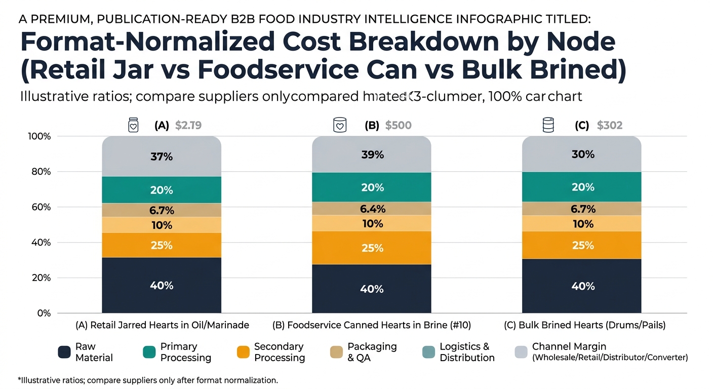 A 3-column, 100% stacked bar chart comparing the illustrative cost ratios for: (A) Retail Jarred Hearts in Oil/Marinade, (B) Foodservice Canned Hearts in Brine (#10), (C) Bulk Brined Hearts (Drums/Pails), with consistent colored stacks for Raw Material, Primary Processing, Secondary Processing, Packaging & QA, Logistics & Distribution, and Channel Margin; includes percentage labels and a footnote noting ratios are illustrative and suppliers should be compared only after format normalization.