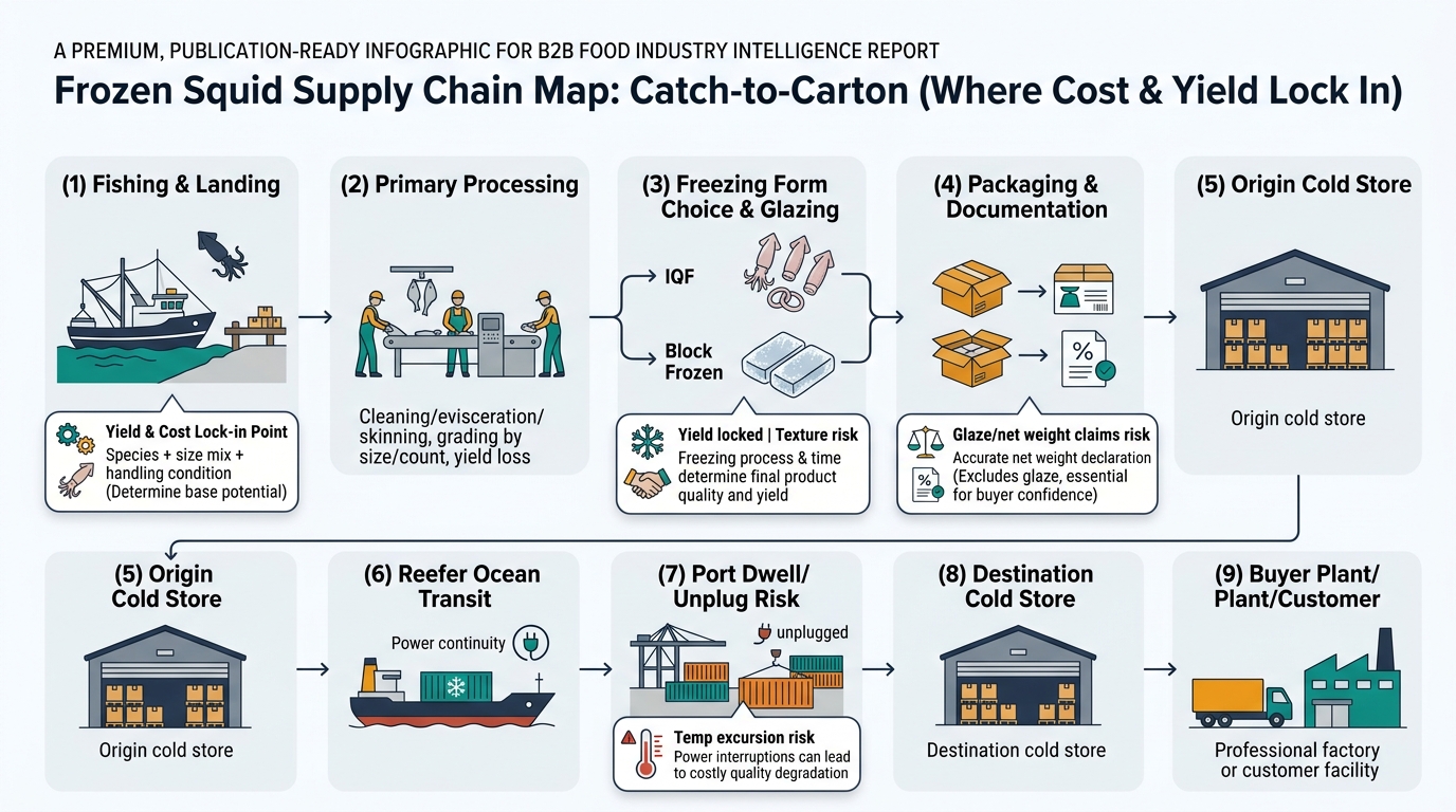 A left-to-right frozen squid supply chain flow from fishing and landing through primary processing, freezing form and glazing, packaging and documentation, origin cold store, reefer ocean transit, port dwell/unplug risk, destination cold store, and buyer plant/customer, with callouts showing lock-in points for yield, texture risk, glaze/net weight claims risk, and temperature excursion risk.