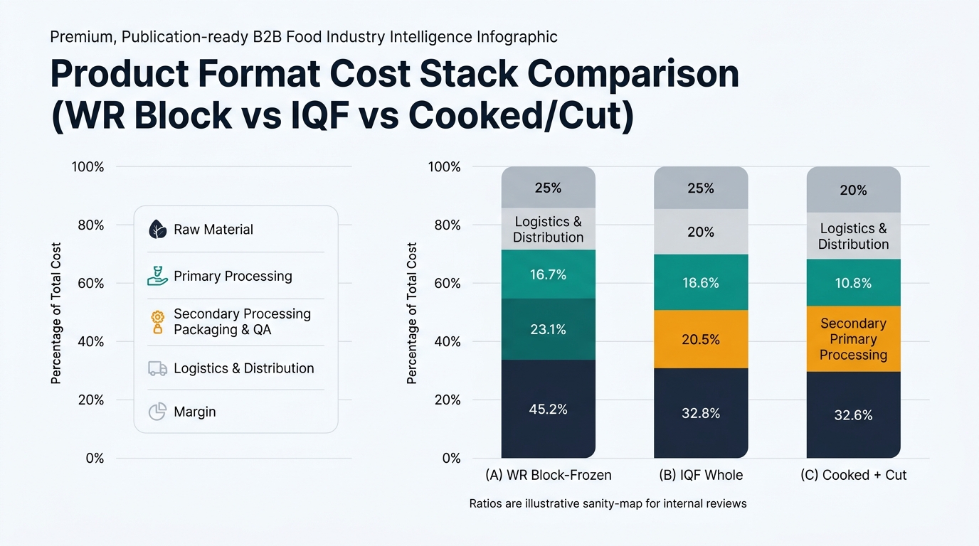 100% stacked bar chart comparing cost ratios by supply chain node for three frozen octopus formats: WR block-frozen, IQF whole, and cooked plus cut; segments include raw material, primary processing, secondary processing (where applicable), packaging and QA, logistics and distribution, and margin, emphasizing how cost shifts toward processing and QA as format becomes more processed.