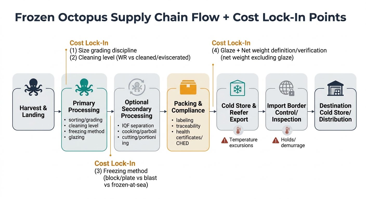 Flowchart of the frozen octopus supply chain from harvest and landing through processing, packing/compliance, reefer export, import inspection, and destination distribution, with annotated cost lock-in callouts for size grading, cleaning level, freezing method, and glaze/net weight verification, plus risk icons for border holds/demurrage and cold-chain temperature excursions.