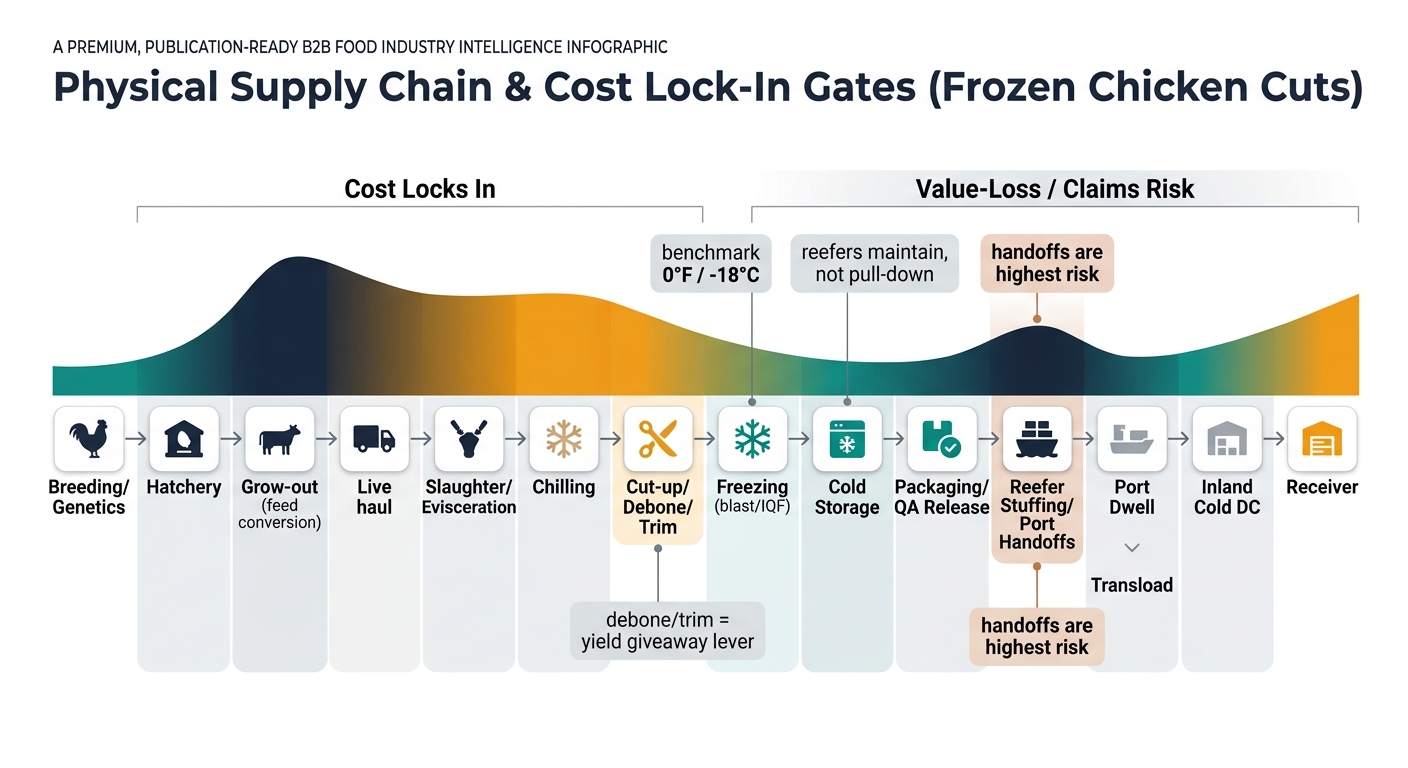 A process map of the frozen chicken cuts supply chain from breeding/genetics through receiver, with overlays showing where costs lock in (darkest at grow-out through debone/trim) and where value-loss/claims risk accumulates (darkest from freezing onward, peaking at handoffs). Callouts include the 0°F / -18°C benchmark, that reefers maintain rather than pull down temperature, that handoffs are highest risk, and that debone/trim is the yield giveaway lever.