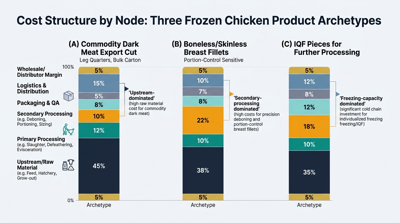 Grouped 100% stacked bar chart comparing cost structure by node for three frozen chicken product archetypes: (A) Commodity Dark Meat Export Cut (Leg Quarters, Bulk Carton), (B) Boneless/Skinless Breast Fillets (Portion-Control Sensitive), and (C) IQF Pieces for Further Processing. Each bar uses the table percentages for upstream/raw material, primary processing, secondary processing, freezing & cold storage, packaging & QA, logistics & distribution, and wholesale/distributor margin, with annotations highlighting the dominant driver for each archetype.