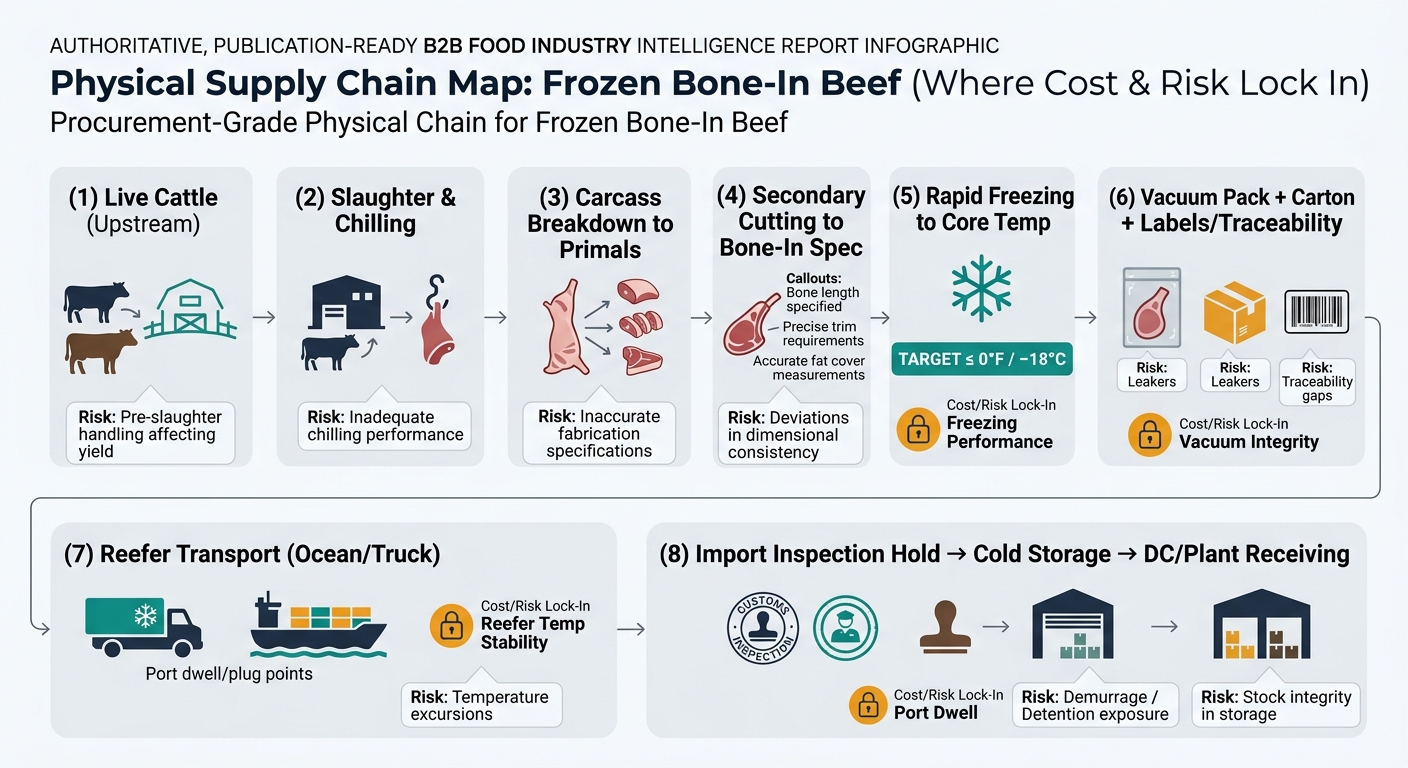 Procurement-grade left-to-right flowchart showing the physical supply chain for frozen bone-in beef from live cattle through slaughter/chilling, carcass breakdown, secondary cutting to bone-in spec, rapid freezing (target ≤ 0°F / −18°C), vacuum pack/cartons/traceability, reefer transport with port dwell/plug points, import inspection hold, cold storage, and DC/plant receiving; highlights cost/risk lock-in control points and risks like dehydration/freezer burn, leakers, temperature excursions, and demurrage/detention exposure.