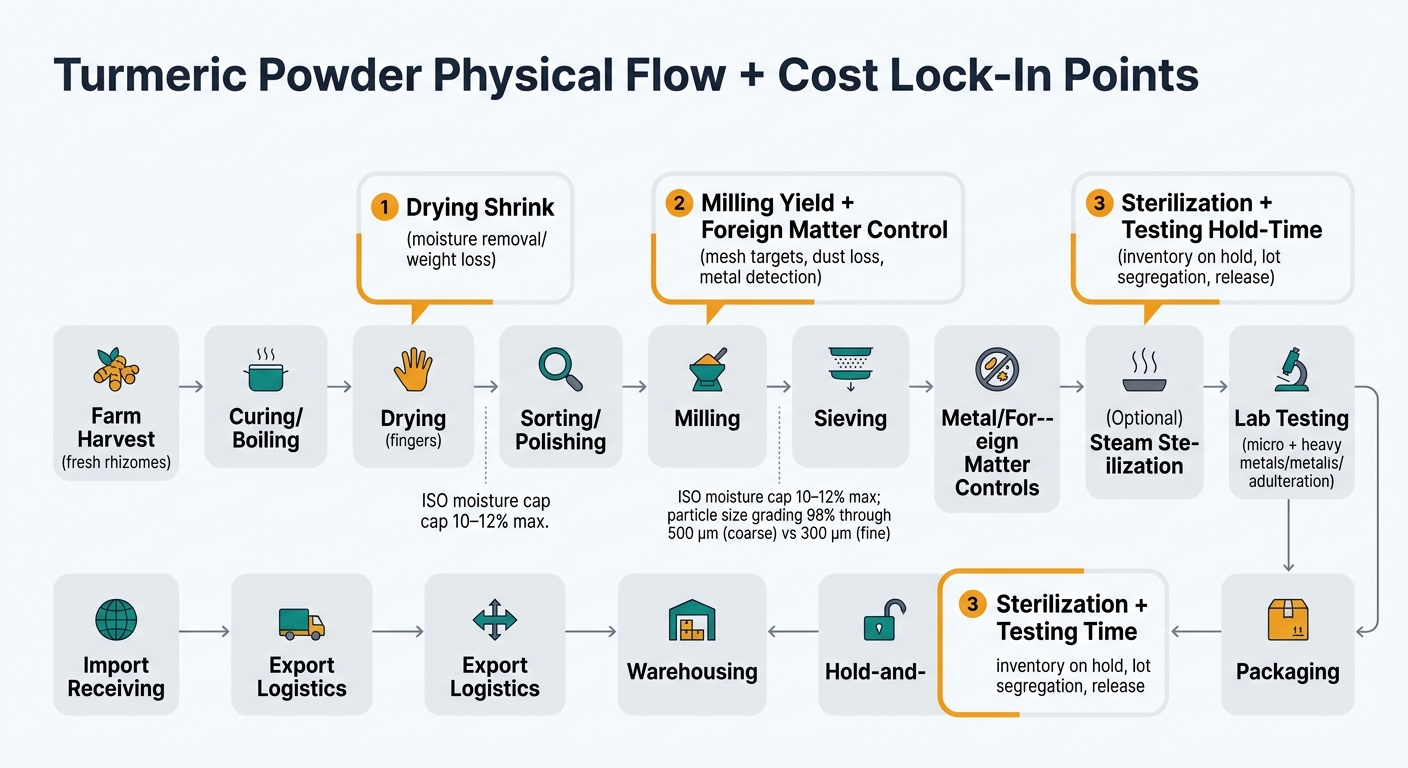 A left-to-right supply chain flow showing: Farm Harvest (fresh rhizomes) → Curing/Boiling → Drying (fingers) → Sorting/Polishing → Milling → Sieving → Metal/Foreign Matter Controls → (Optional) Steam Sterilization → Lab Testing (micro + heavy metals/adulteration) → Hold-and-Release → Packaging → Warehousing → Export Logistics → Import Receiving, with prominent cost lock-in callouts at Drying Shrink, Milling Yield + Foreign Matter Control, and Sterilization + Testing Hold-Time, plus spec callouts for ISO moisture cap 10–12% max and particle size grading 98% through 500 μm (coarse) vs 300 μm (fine).