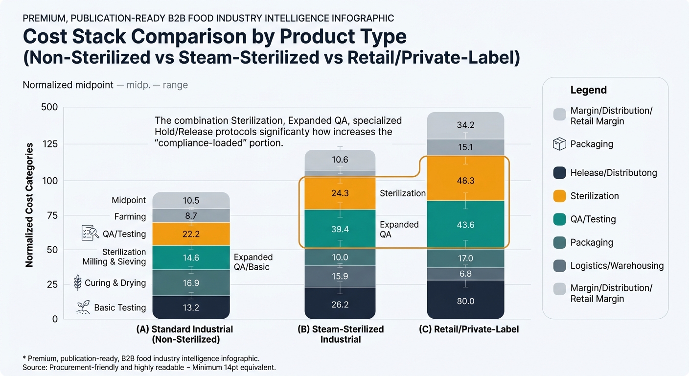 Grouped stacked bar chart comparing cost stacks for (A) Standard Industrial non-sterilized, (B) Steam-sterilized industrial, and (C) Retail/private-label turmeric powder, segmented into Farming; Curing & Drying; Milling & Sieving; Sterilization (if applicable); QA/Testing; Packaging; Logistics/Warehousing; and Margin/Distribution/Retail margin, highlighting the increased compliance-loaded portion from sterilization plus expanded QA and hold/release for steam-sterilized and retail.