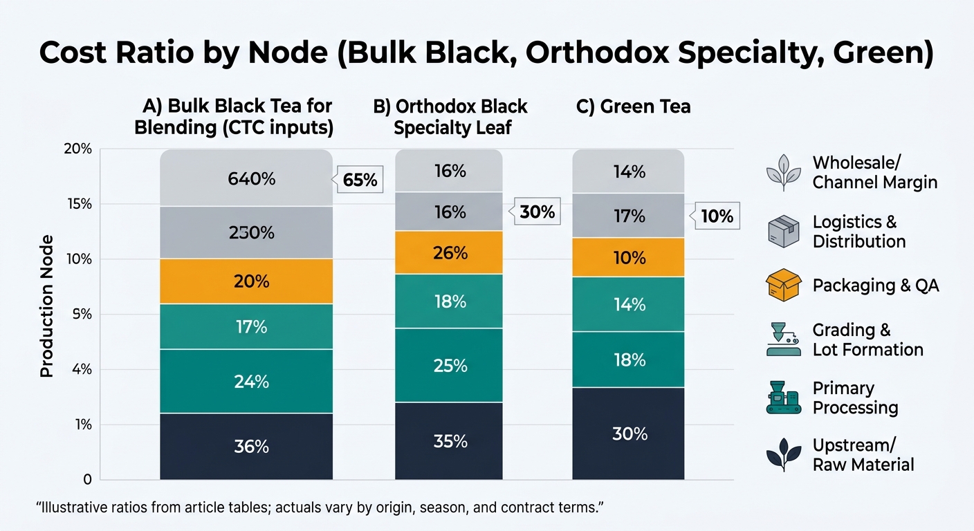 Multi-series stacked bar chart comparing cost ratios by supply chain node for three product types: bulk black tea for blending (CTC inputs), orthodox black specialty leaf, and green tea; each bar is segmented into upstream/raw material, primary processing, grading and lot formation, packaging and QA, logistics and distribution, and wholesale/channel margin, using the labeled percentages from the article tables with a consistent color legend and a footnote noting ratios are illustrative and vary by origin, season, and contract terms.