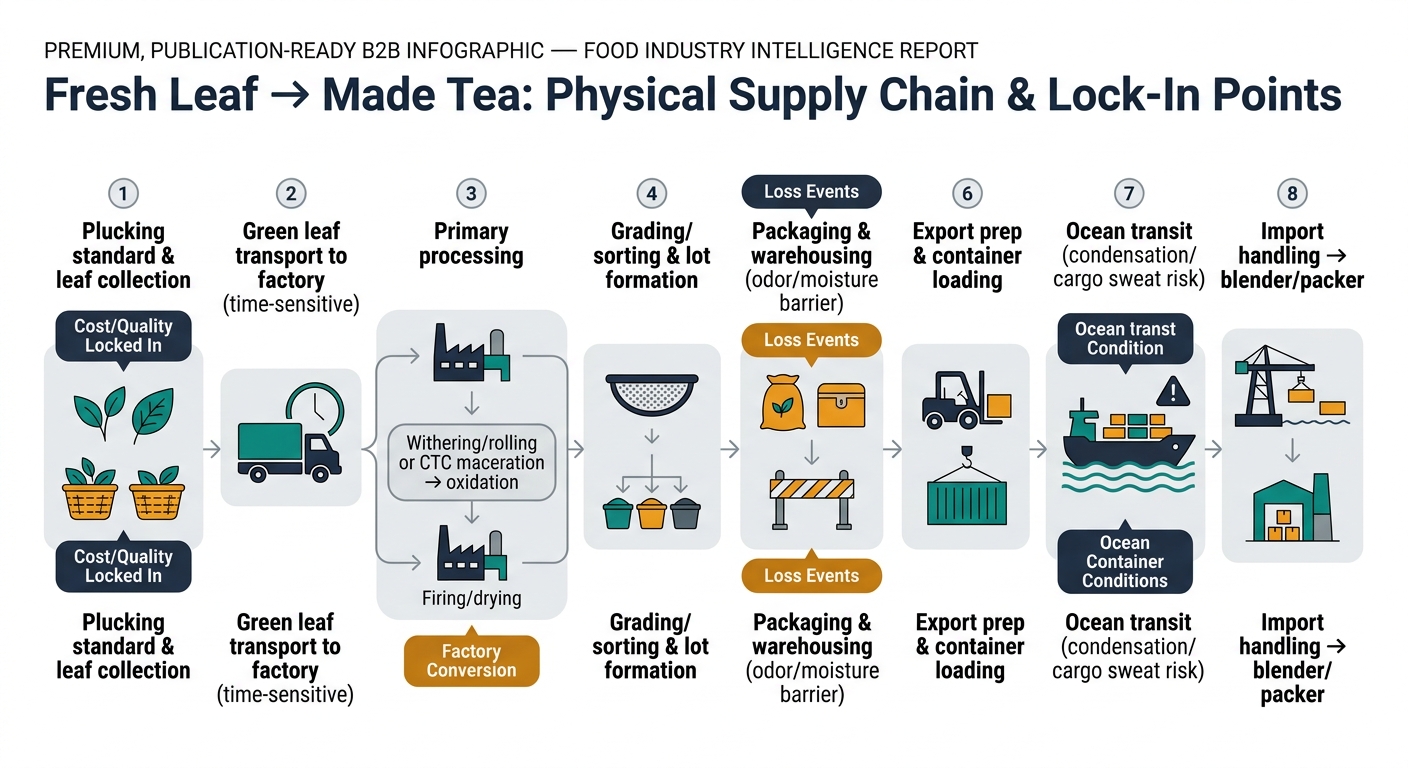 A supply chain flow showing fresh tea leaf moving from plucking and time-sensitive transport to factory processing (withering/rolling or CTC, oxidation where applicable, firing/drying), grading and lot formation, packaging and warehousing with odor/moisture barriers, export prep and container loading, ocean transit with condensation/cargo sweat risk, and import handling to blender/packer; includes callouts for cost/quality lock-in at plucking and factory conversion and loss-event risks at packaging/warehousing and ocean container conditions.