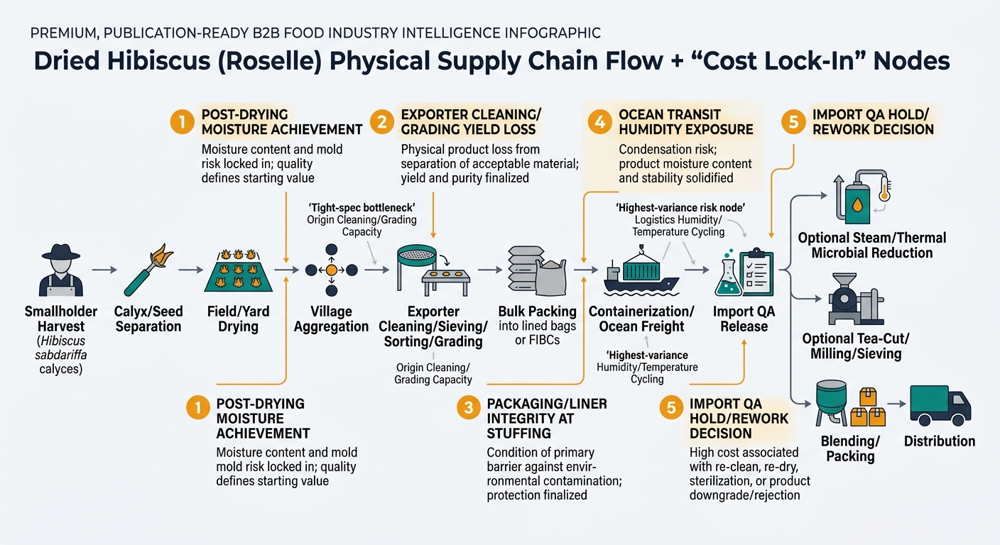 Flowchart showing the physical movement of dried hibiscus (Hibiscus sabdariffa calyces) from smallholder harvest through separation, drying, aggregation, exporter cleaning/grading, bulk packing, containerized ocean freight, import QA, optional microbial reduction, optional tea-cut/milling/sieving, blending/packing, and distribution, with highlighted cost lock-in gates (moisture achievement, cleaning/grading yield loss, packaging/liner integrity, ocean transit humidity exposure/condensation risk, and import QA hold/rework decision) plus callouts for the tight-spec bottleneck (origin cleaning/grading capacity) and the highest-variance risk node (logistics humidity/temperature cycling).