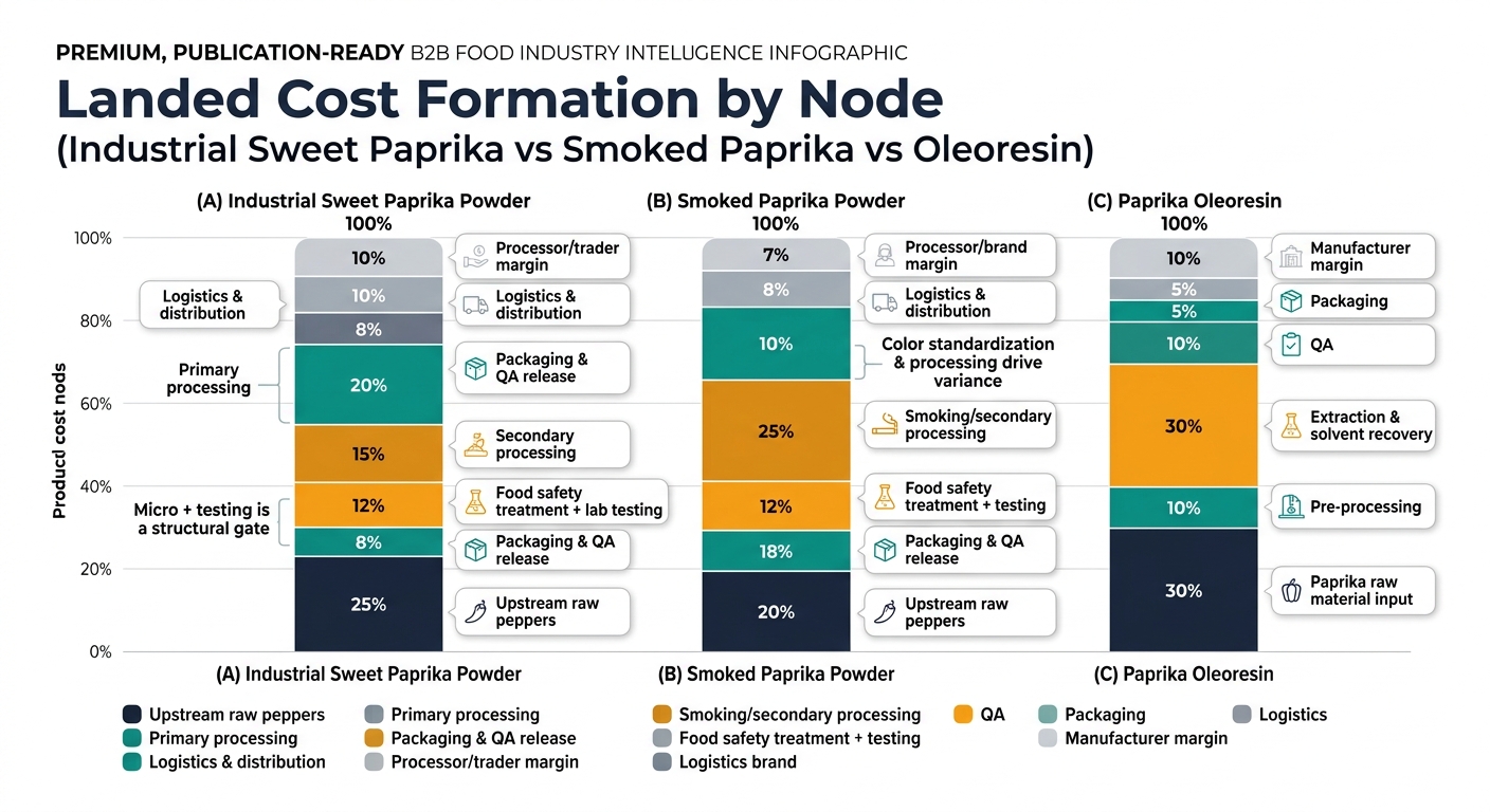 A stacked bar chart with three bars labeled (A) Industrial Sweet Paprika Powder, (B) Smoked Paprika Powder, (C) Paprika Oleoresin, segmented by cost nodes and percentages: A—Upstream raw peppers 25%, Primary processing 20%, Secondary processing 15%, Food safety treatment + lab testing 12%, Packaging & QA release 8%, Logistics & distribution 10%, Processor/trader margin 10%; B—Upstream raw peppers 20%, Primary processing 18%, Smoking/secondary processing 25%, Food safety treatment + testing 12%, Packaging & QA release 10%, Logistics & distribution 8%, Processor/brand margin 7%; C—Paprika raw material input 30%, Pre-processing 10%, Extraction & solvent recovery 30%, QA 10%, Packaging 5%, Logistics 5%, Manufacturer margin 10%, with consistent colors across comparable nodes and callouts noting that color standardization/processing drive variance and micro + testing is a structural gate.